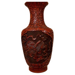 Antique Chinese Cinnabar Vase with Finely Carved Foo Dogs, 19th Century