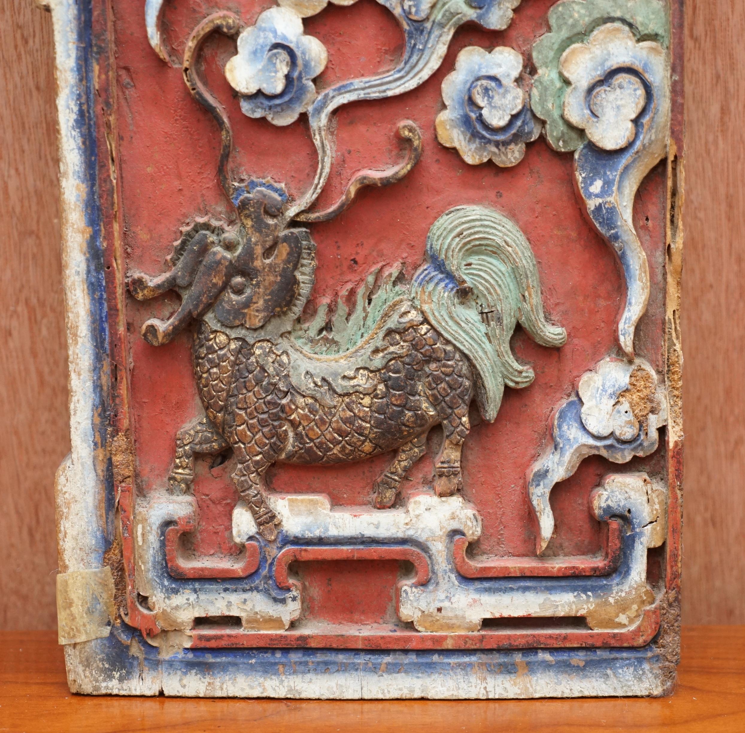 Mid-19th Century Chinese circa 1860 Antique Victorian Original Paint Carved Wood Wall Panel