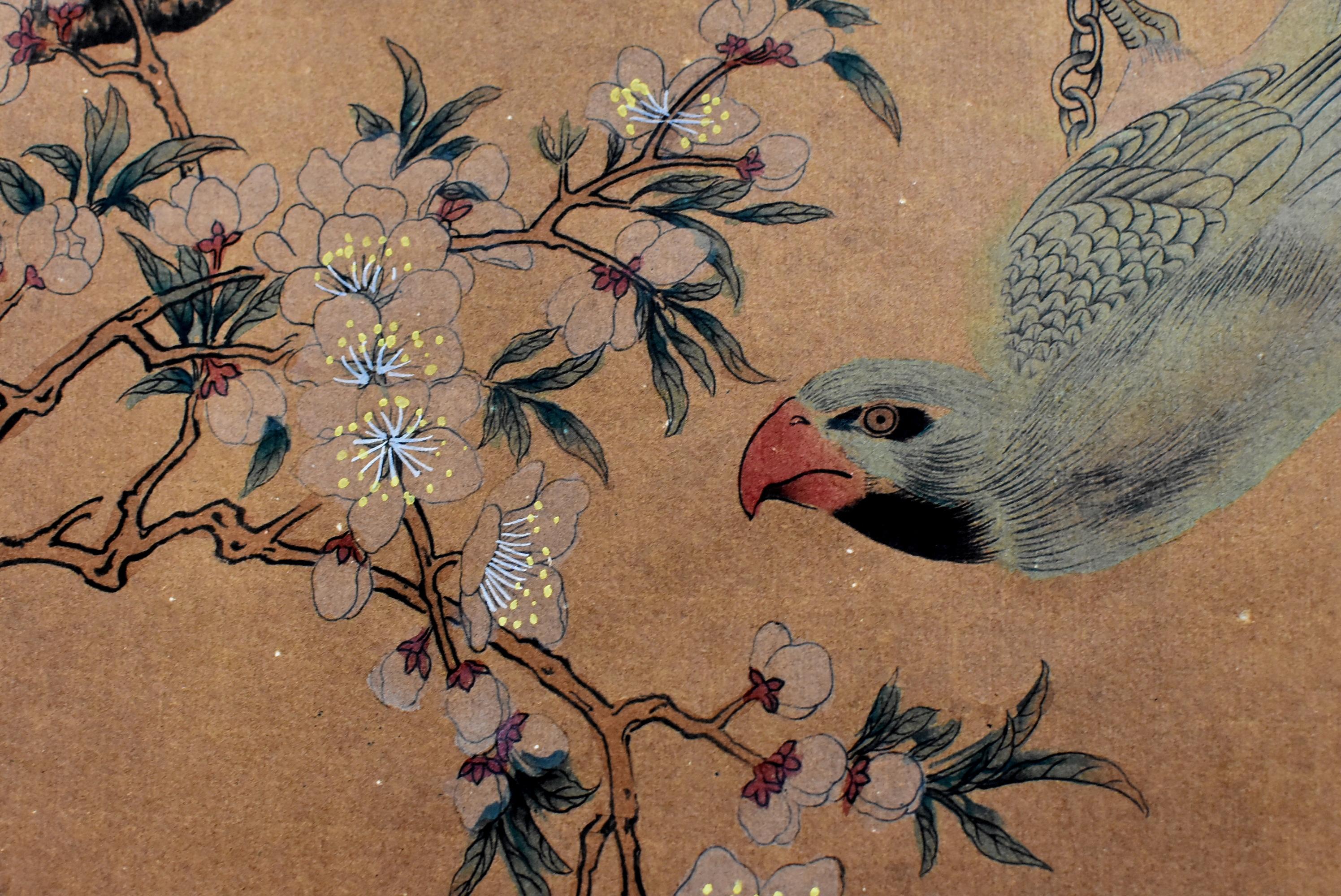 Vintage Chinese Classic Painting Green Parrot Amid Pear Blossoms 4
