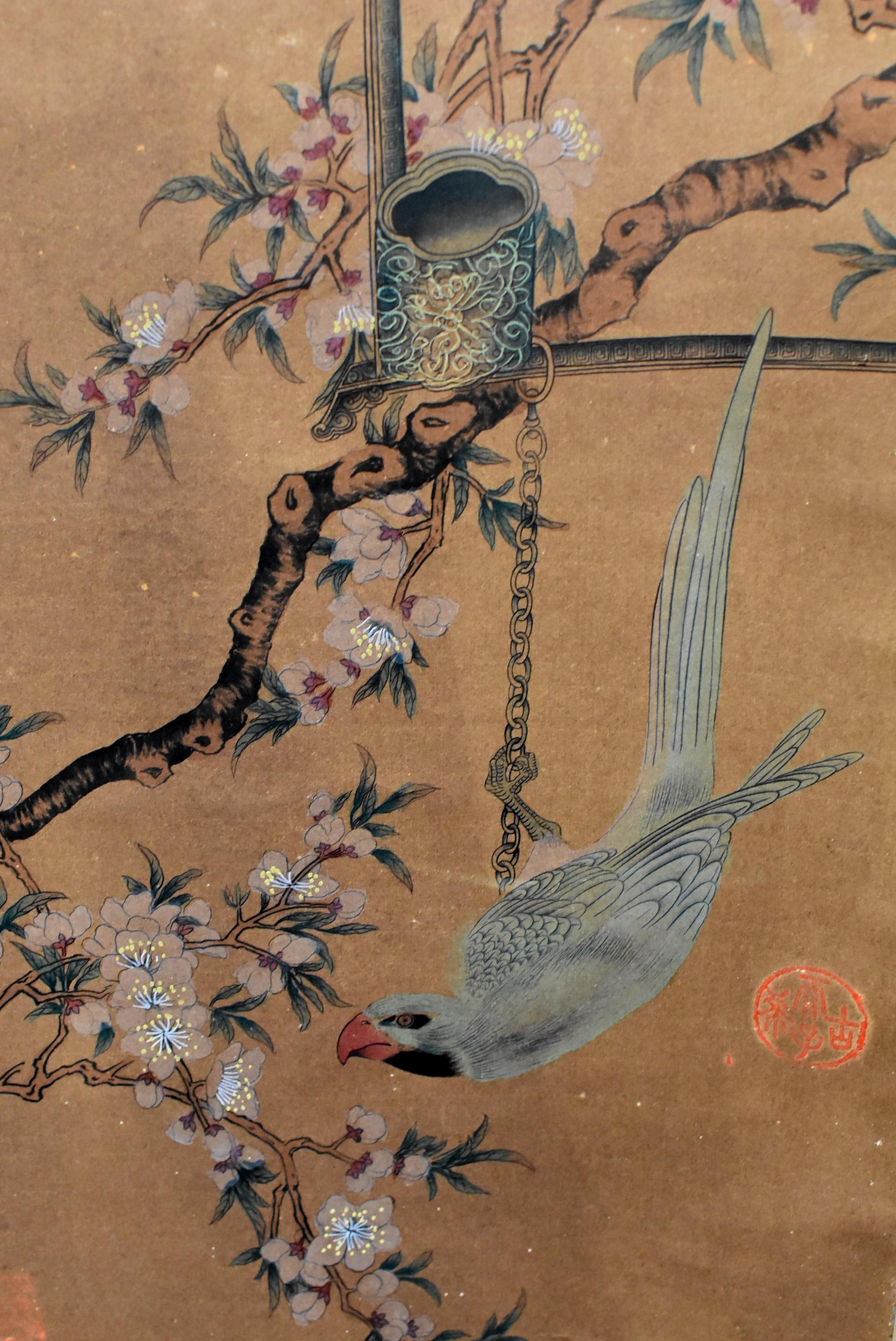 Vintage Chinese Classic Painting Green Parrot Amid Pear Blossoms 10