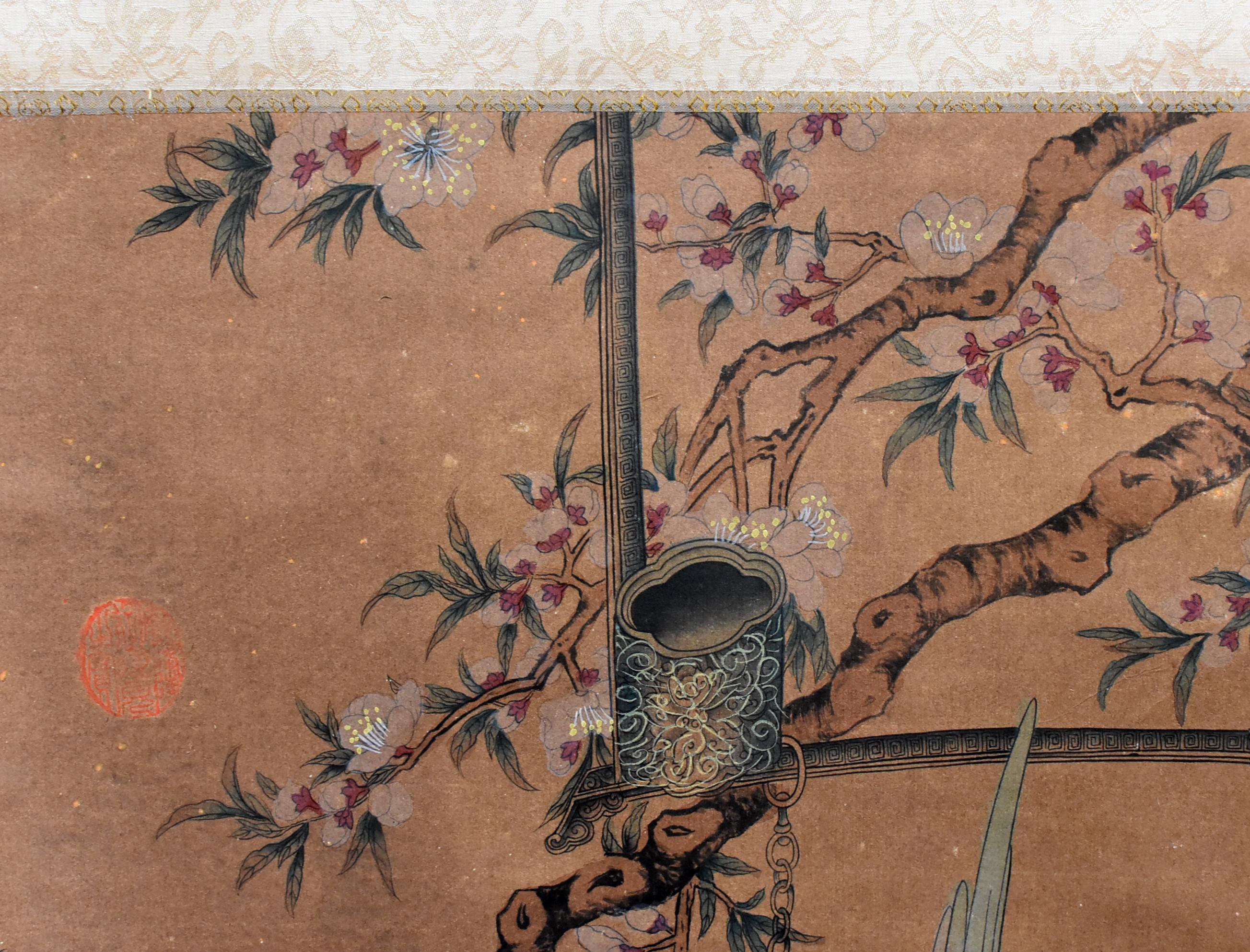 Vintage Chinese Classic Painting Green Parrot Amid Pear Blossoms 12