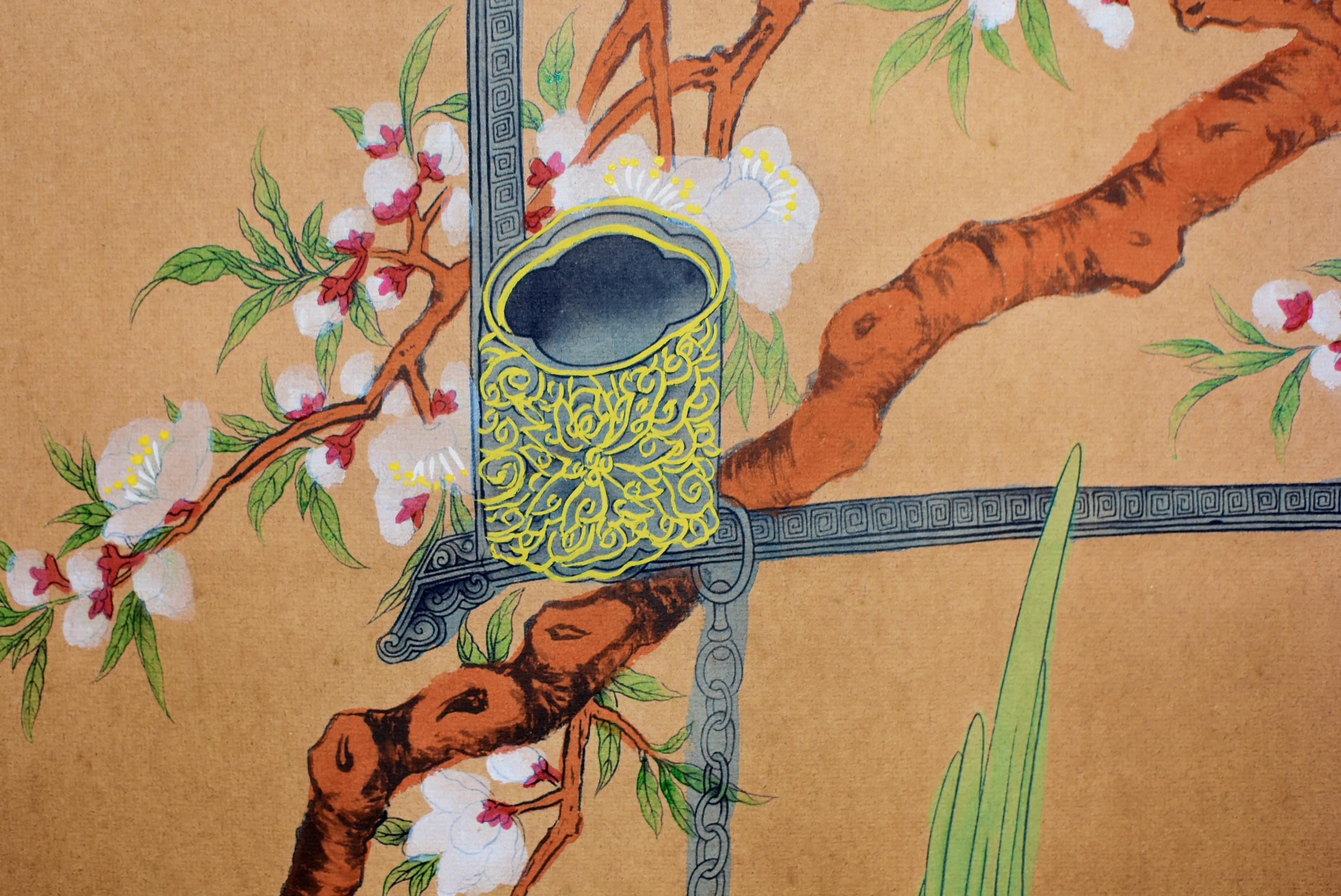 A classic Chinese scroll painting over print of a magnificent green parrot suspending from a chain in front of a large branch of pear tree with abundance of pear blossoms. Another pear tree around the rock on the lower right echoes the image above,