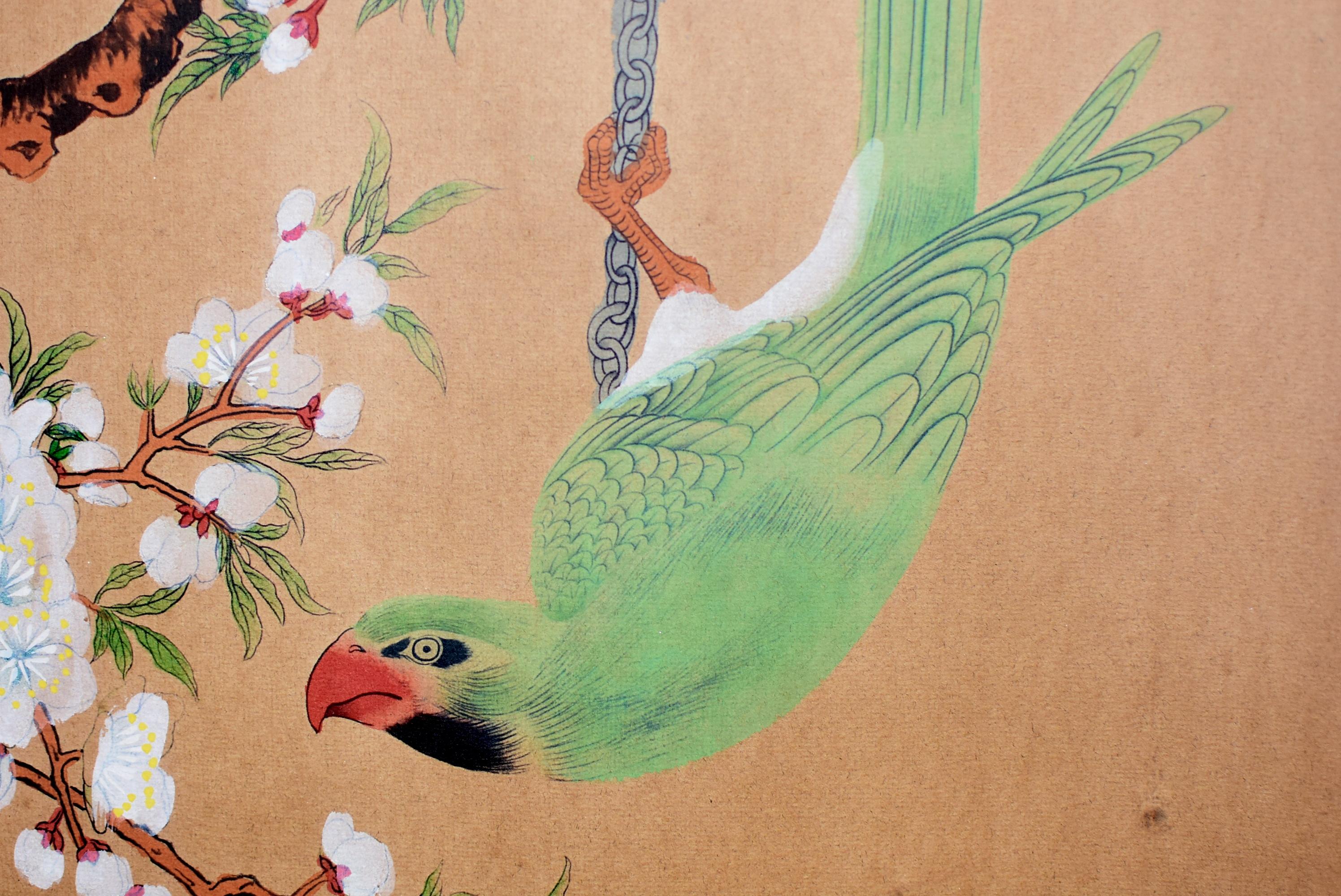 Hand-Painted Chinese Classic Painting Green Parrot Amid Pear Blossoms