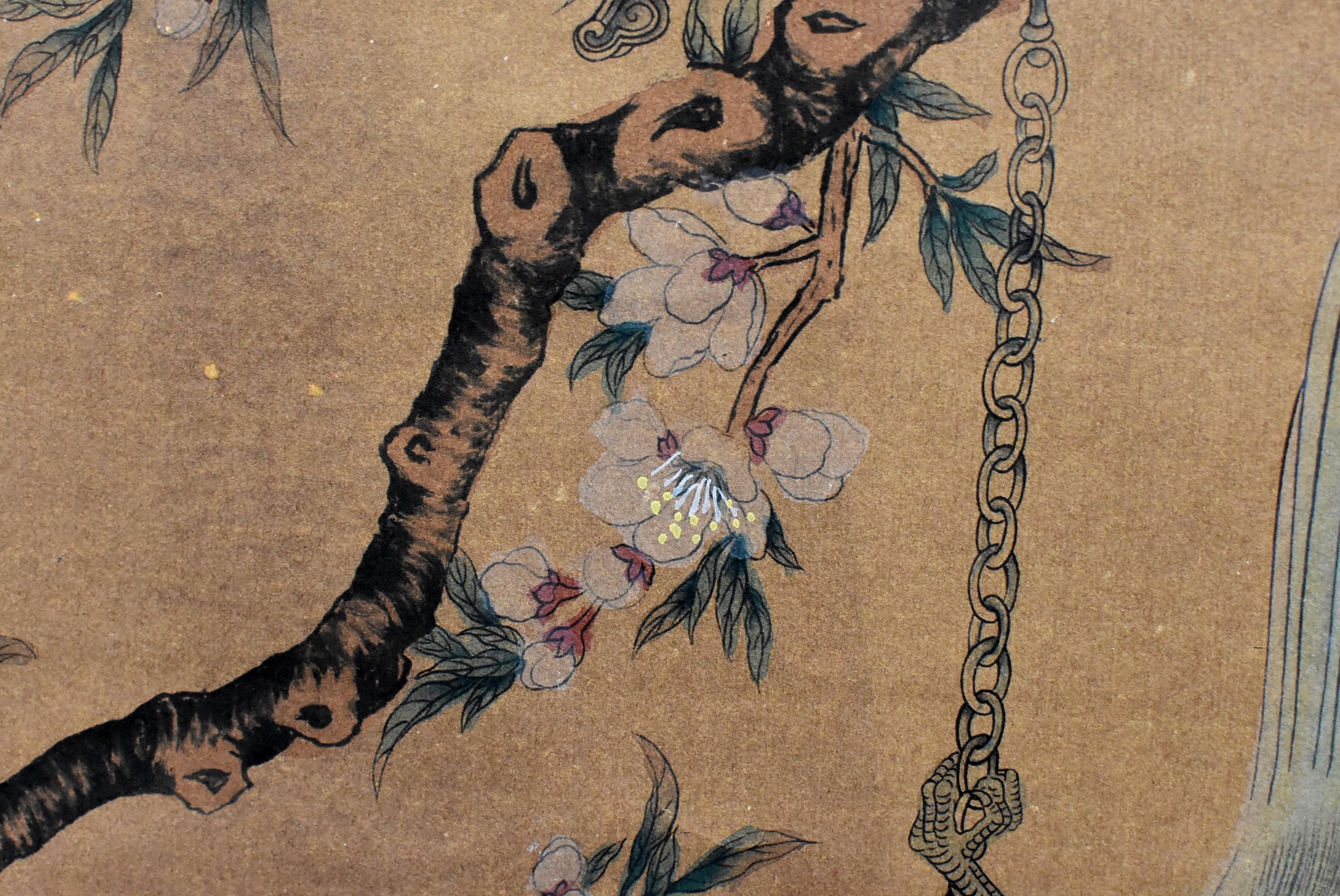 Vintage Chinese Classic Painting Green Parrot Amid Pear Blossoms In Good Condition In Somis, CA