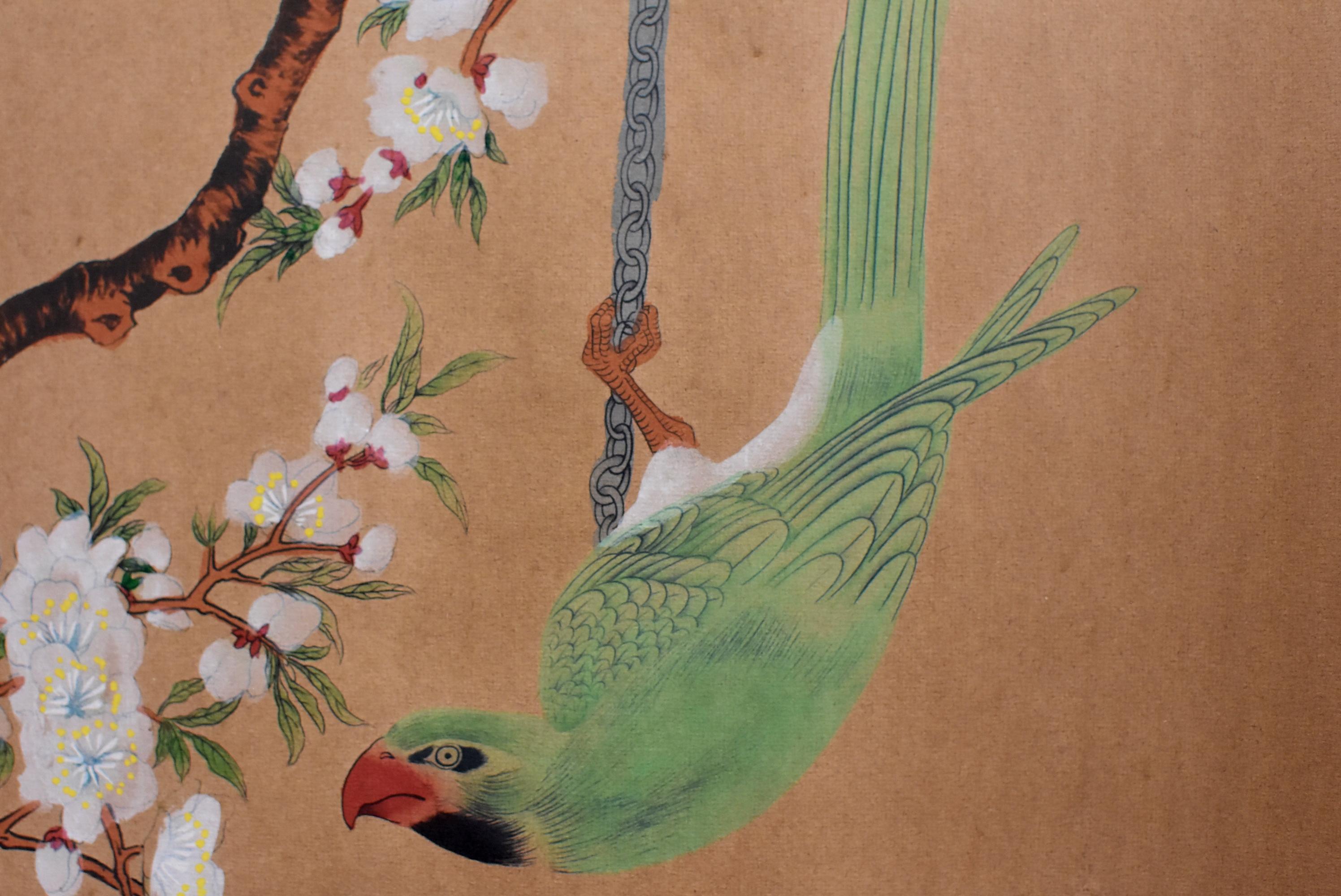 Contemporary Chinese Classic Painting Green Parrot Amid Pear Blossoms