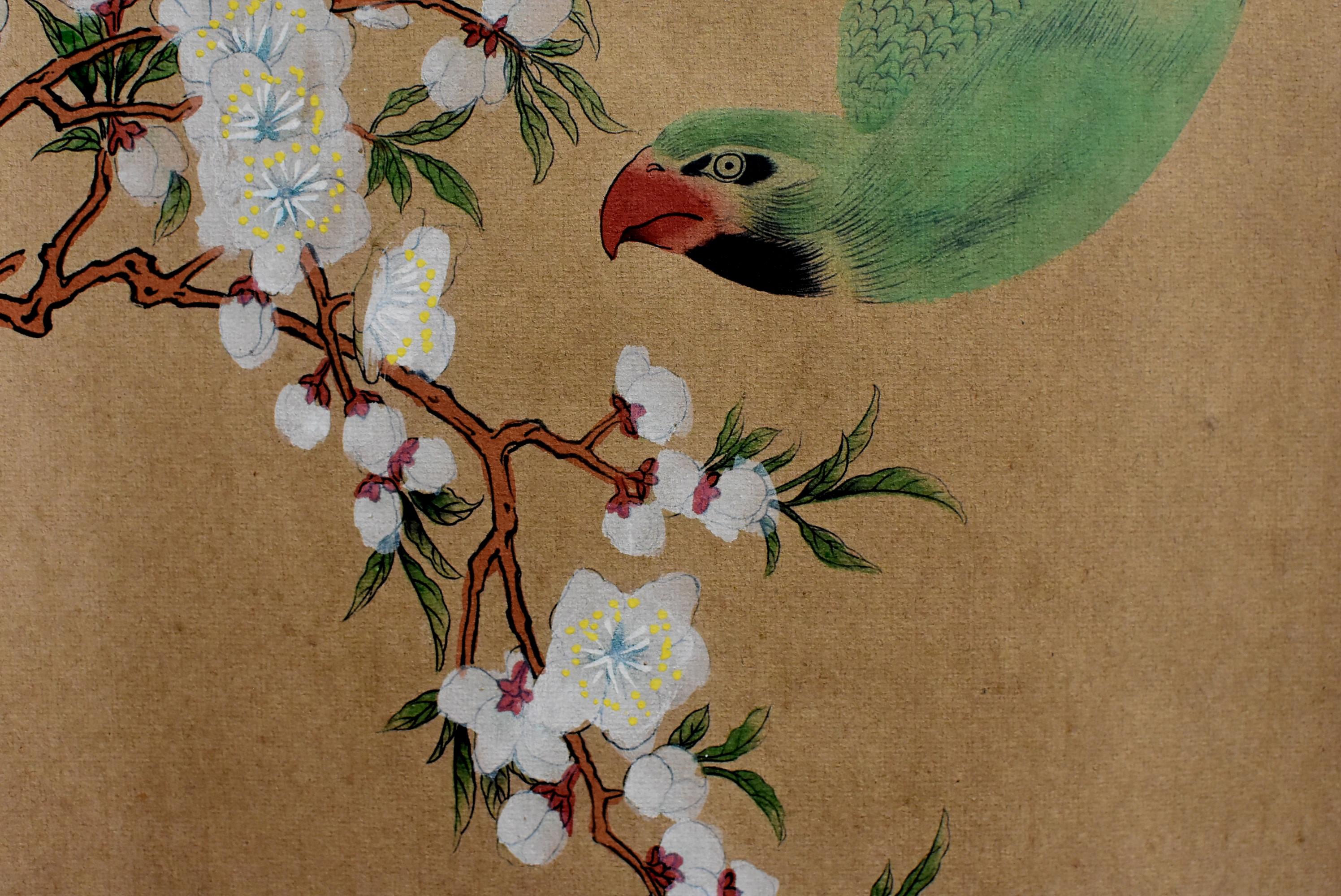Chinese Classic Painting Green Parrot Amid Pear Blossoms 2