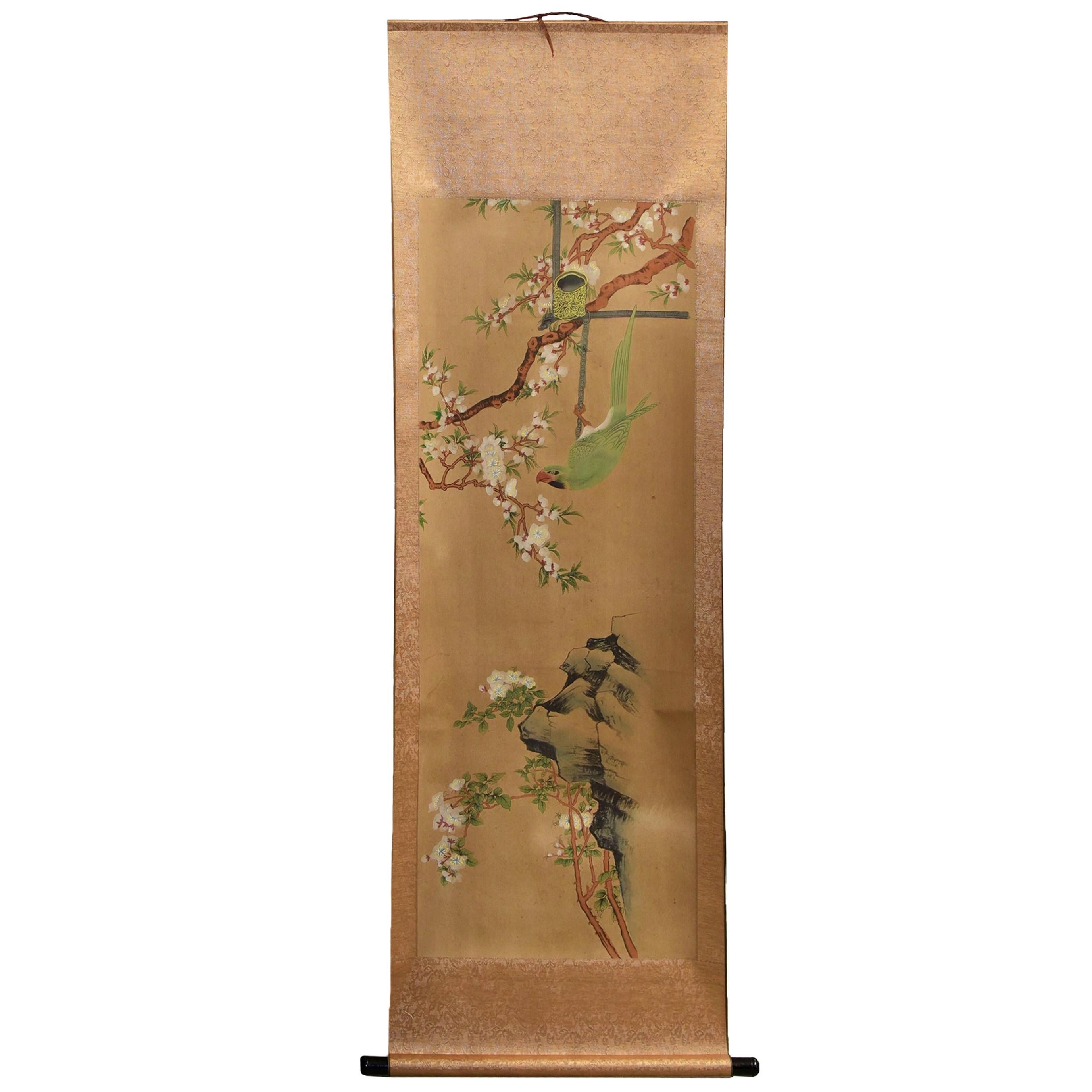 Chinese Classic Painting Green Parrot Amid Pear Blossoms