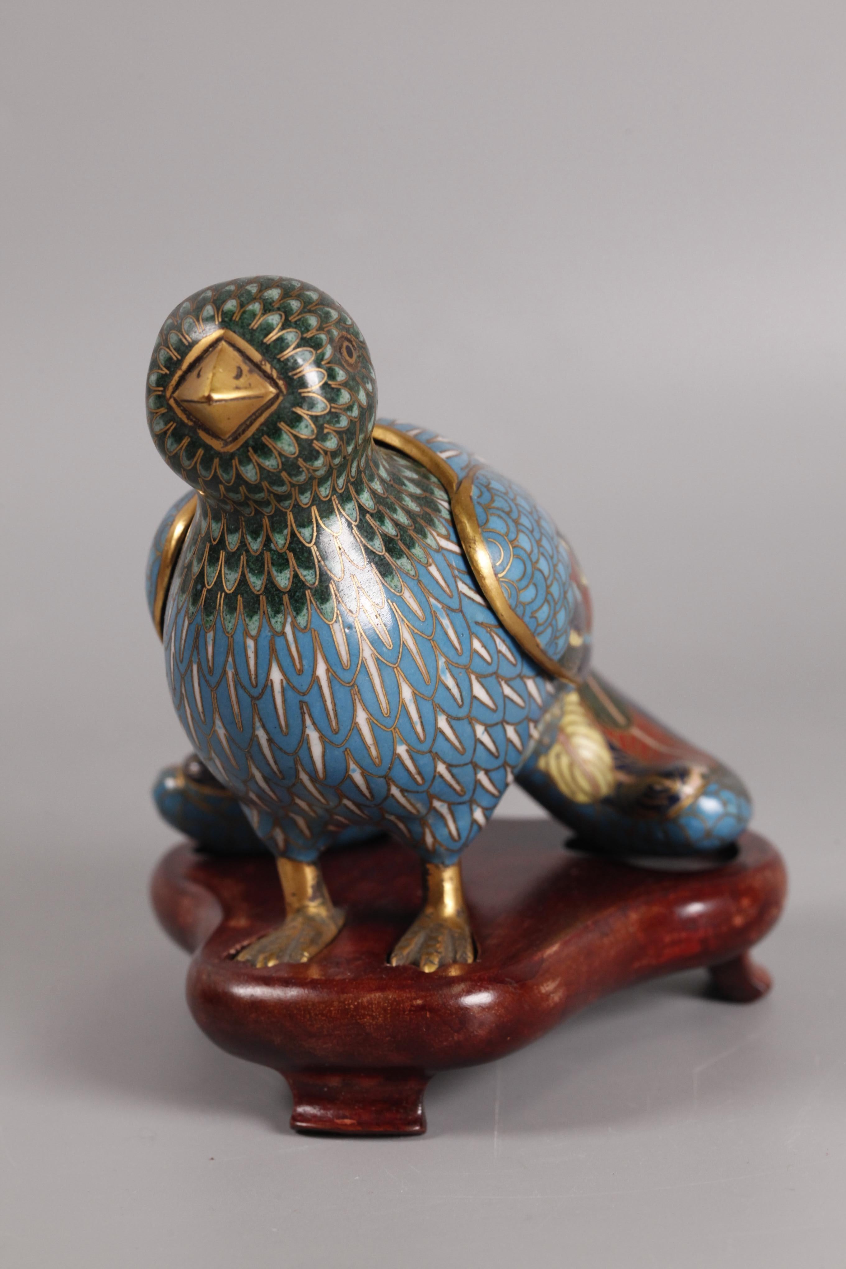 on fitted wooden base; 4.1in(D) x 5in(W) x 4.4in(H) are the dimensions of the cloisonné bird without the wooden base
