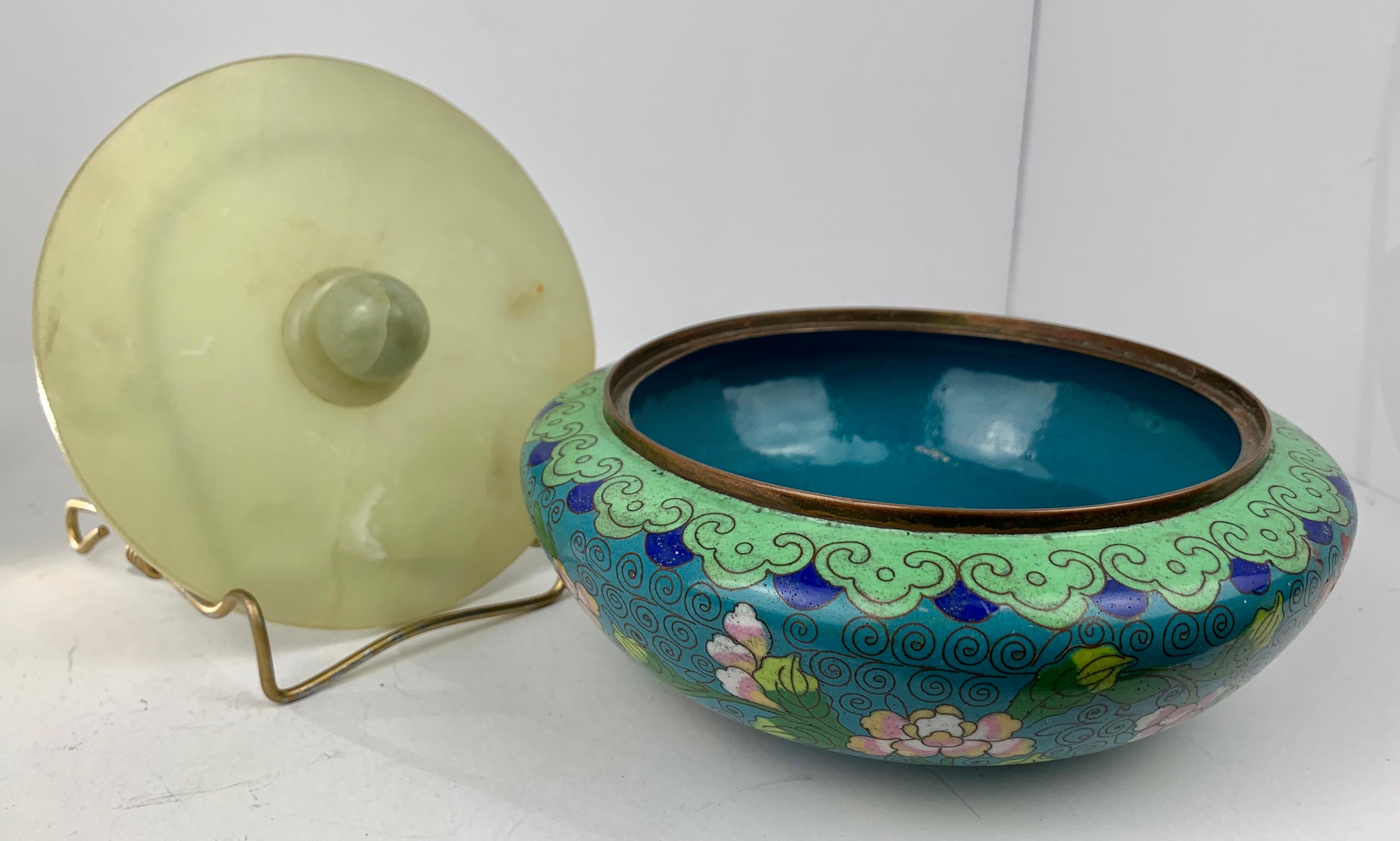 Chinoiserie Turquoise Cloisonné Bowl with Jade Cover-China, c. 1920 For Sale
