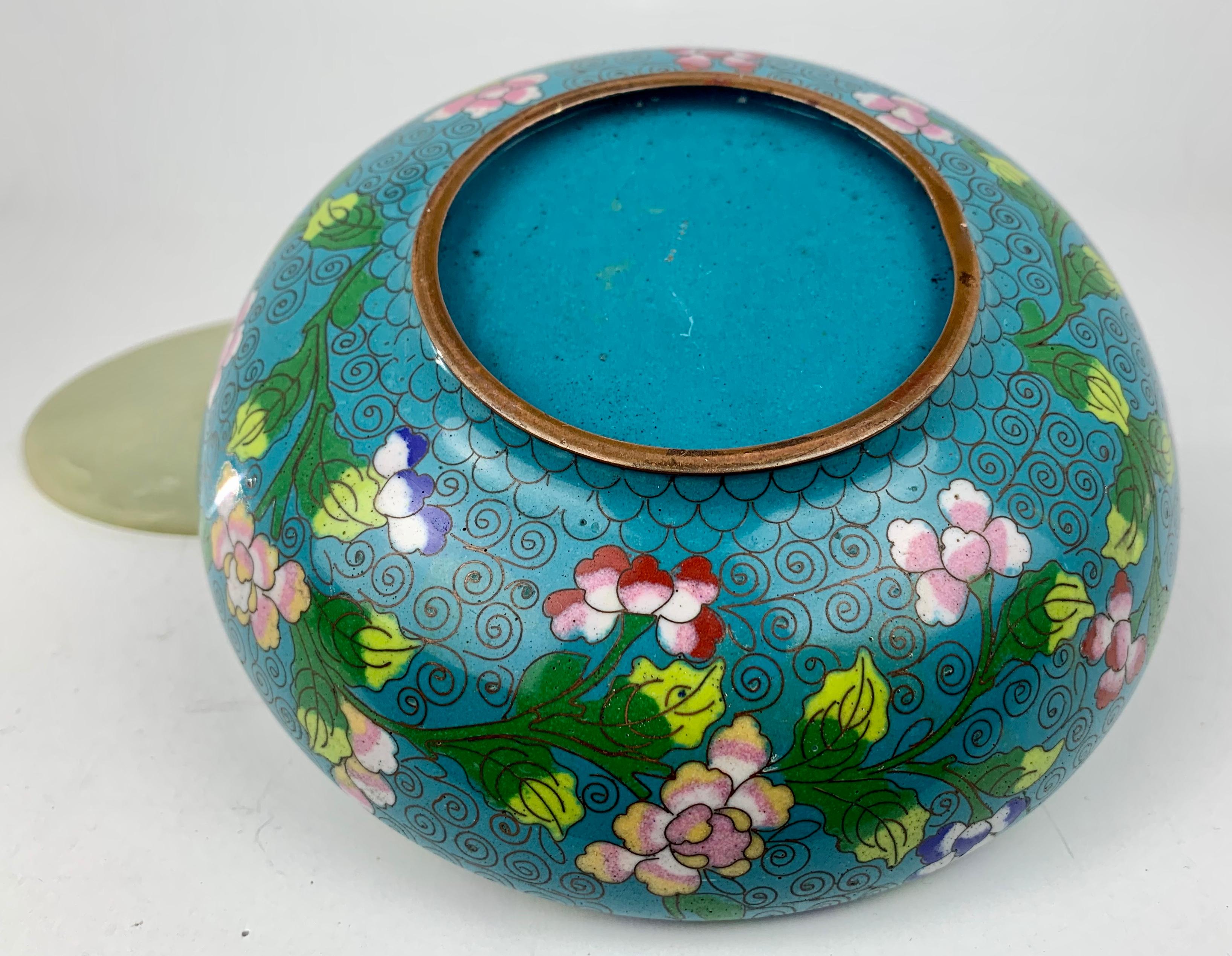 Chinese Turquoise Cloisonné Bowl with Jade Cover-China, c. 1920 For Sale
