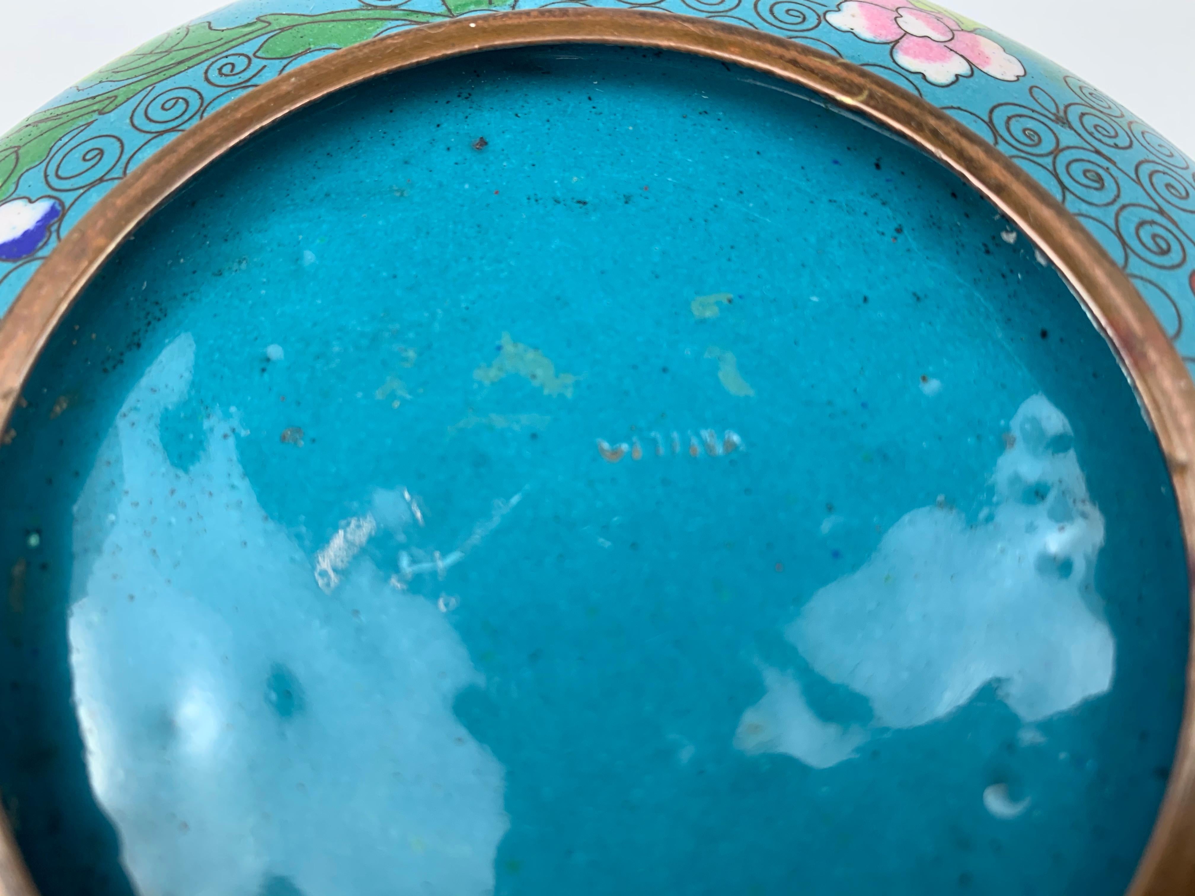 Early 20th Century Turquoise Cloisonné Bowl with Jade Cover-China, c. 1920 For Sale