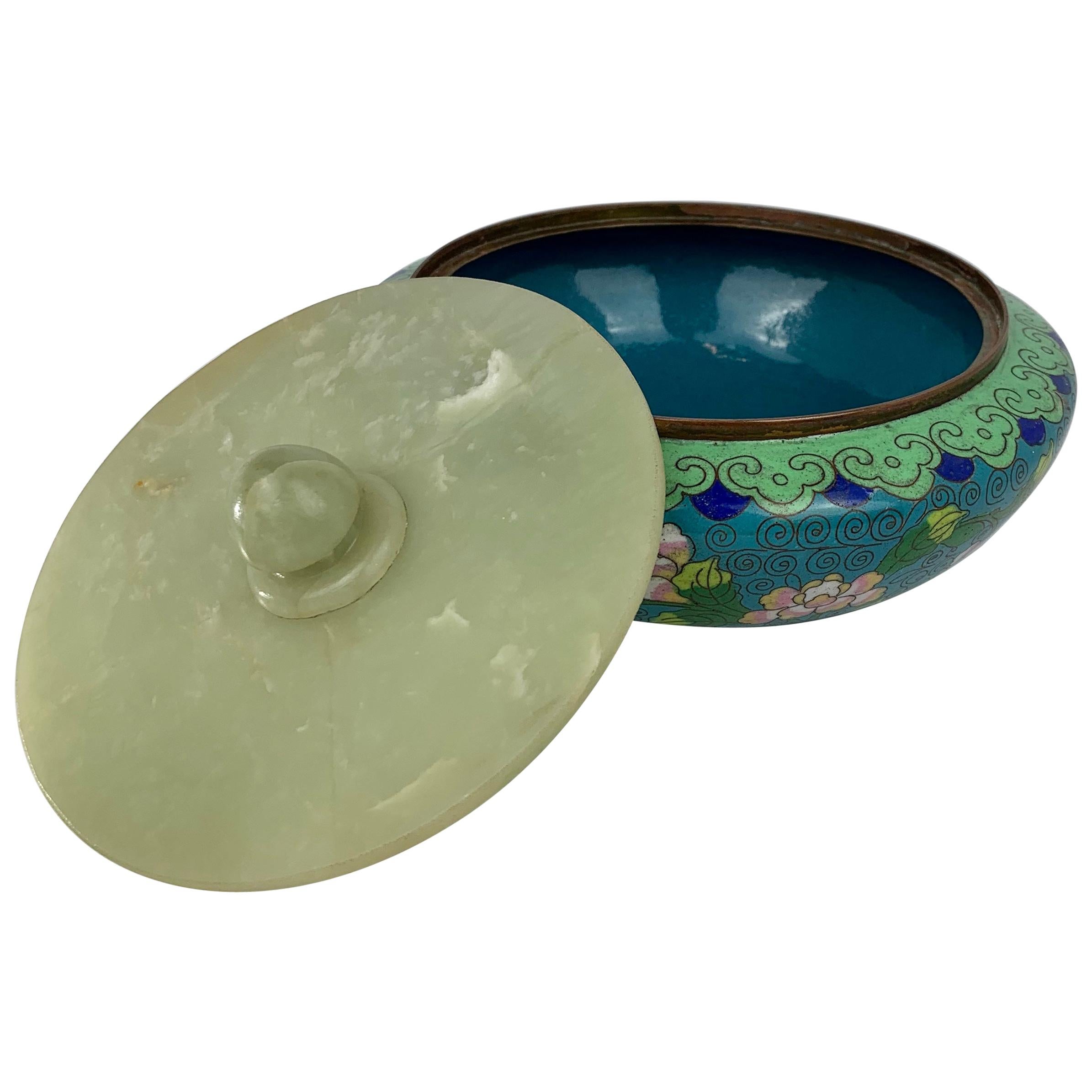 Turquoise Cloisonné Bowl with Jade Cover-China, c. 1920 For Sale