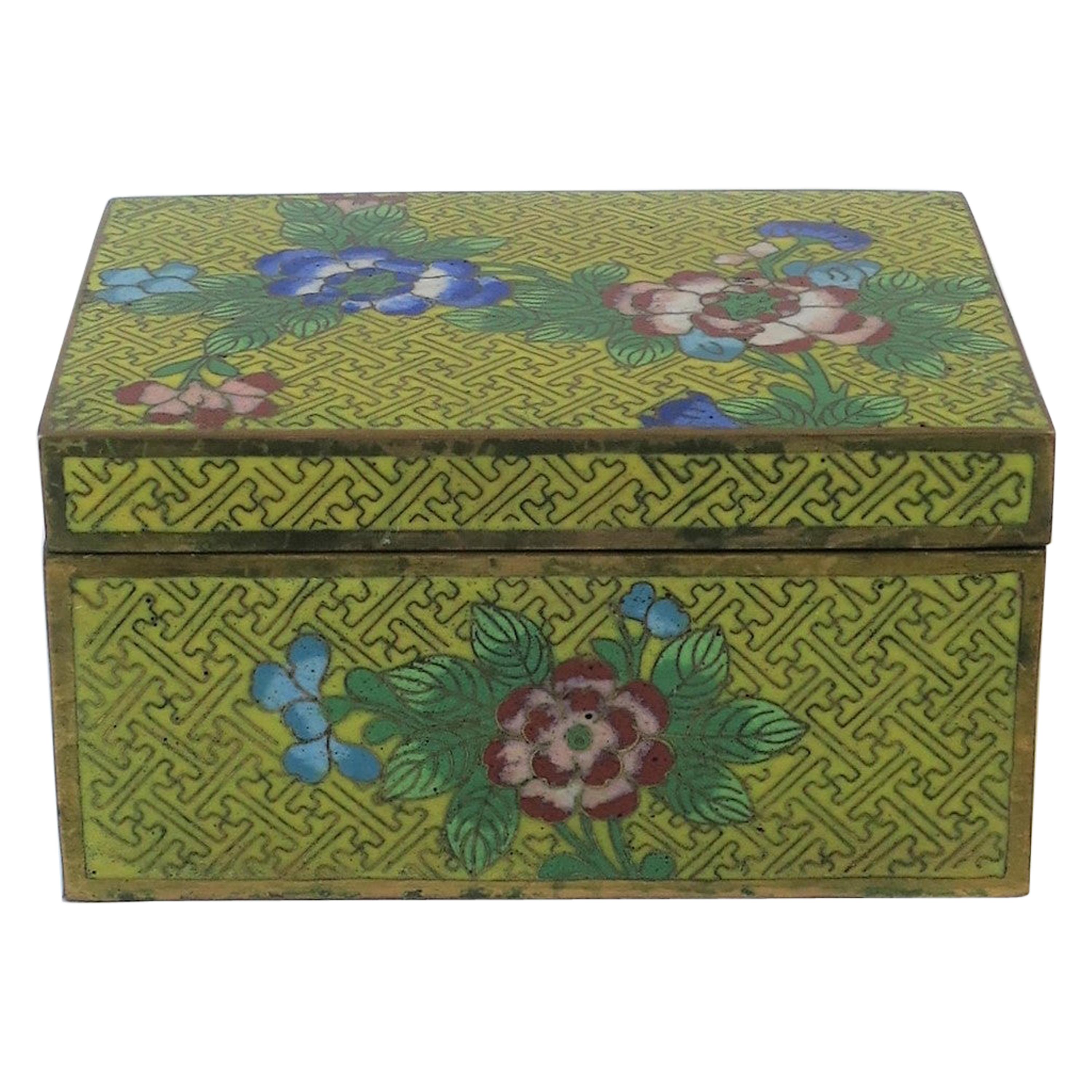 Vintage Chinese Enamel and Brass Green Floral Trinket Box