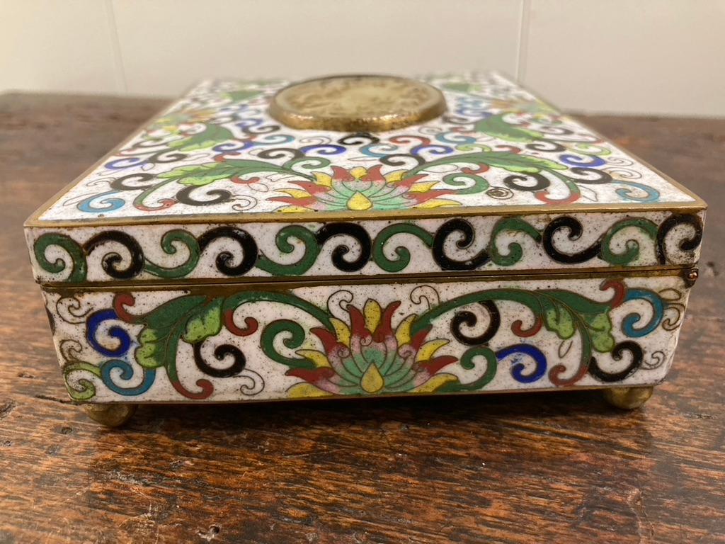 Qing Chinese Cloisonne Box with Carved Jade Inset Medallion For Sale