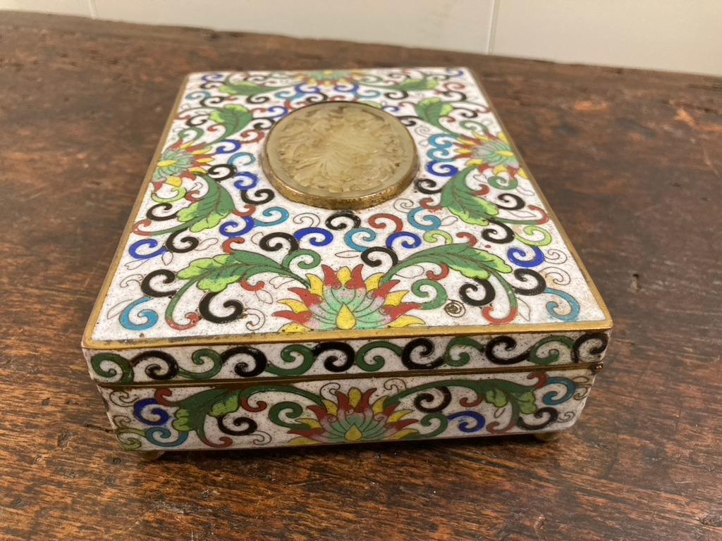 Hand-Carved Chinese Cloisonne Box with Carved Jade Inset Medallion For Sale