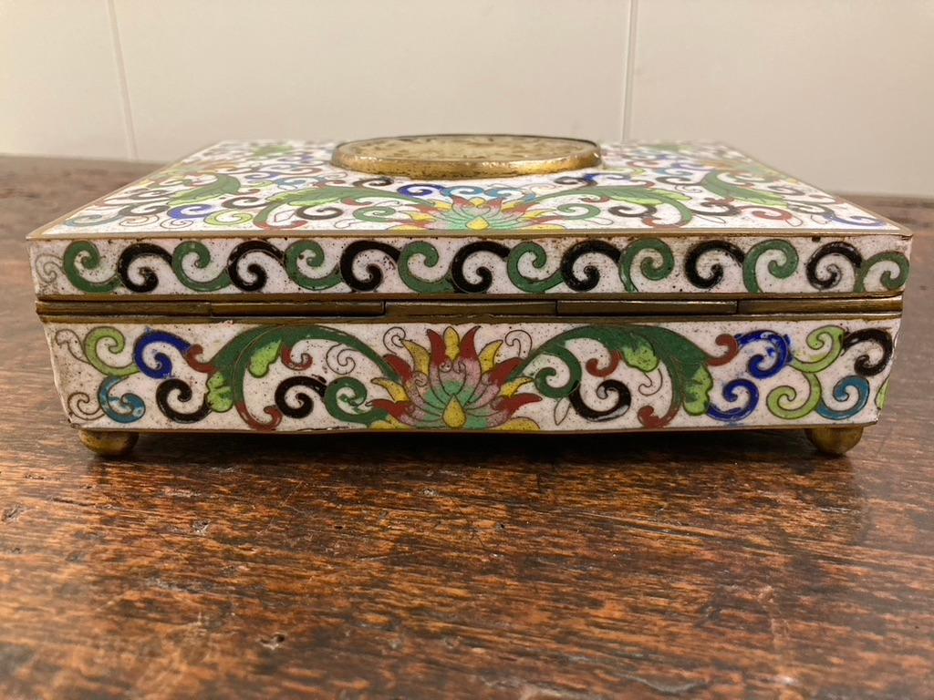 19th Century Chinese Cloisonne Box with Carved Jade Inset Medallion For Sale