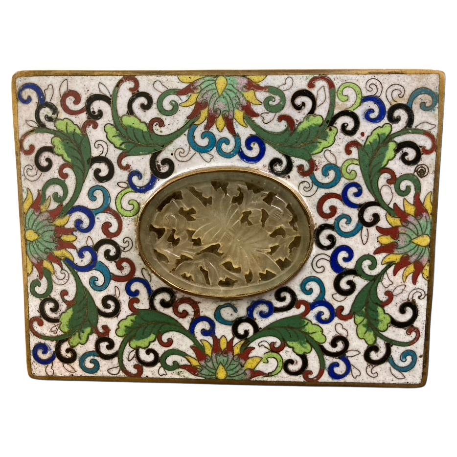 Chinese Cloisonne Box with Carved Jade Inset Medallion For Sale