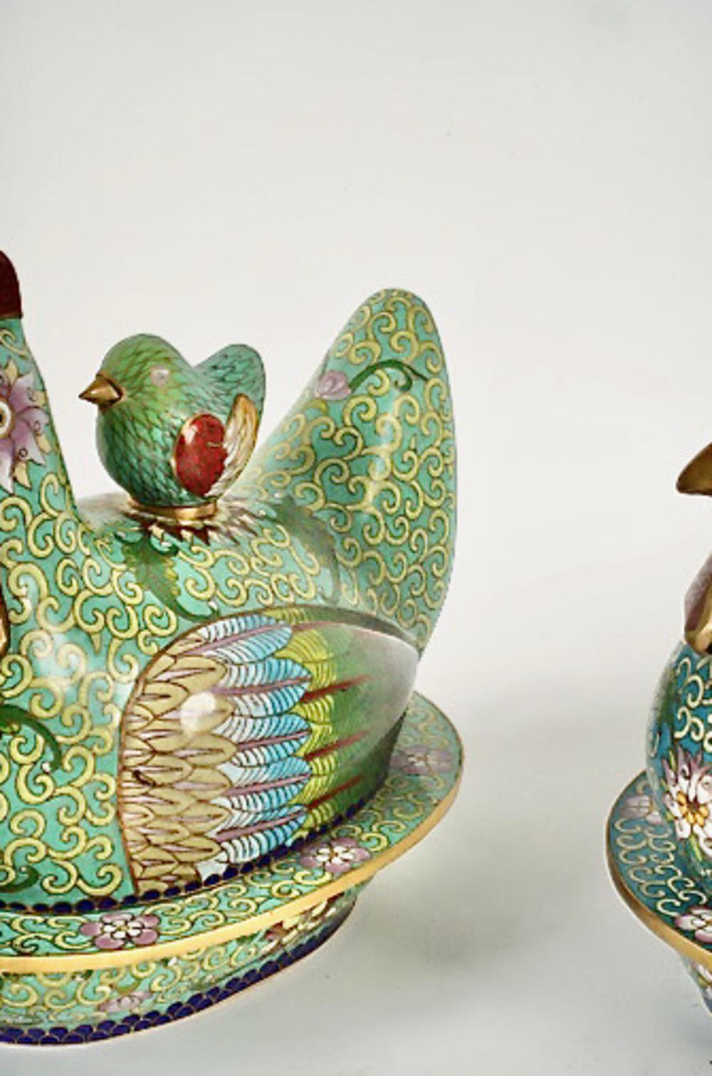 Gold Plate Chinese Cloisonne Covered Chicken Boxes For Sale