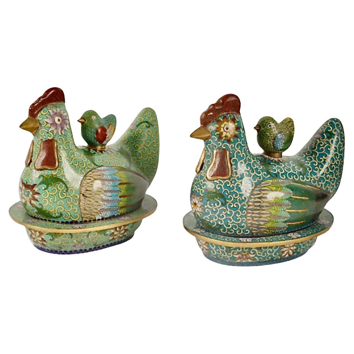 Chinese Cloisonne Covered Chicken Boxes For Sale