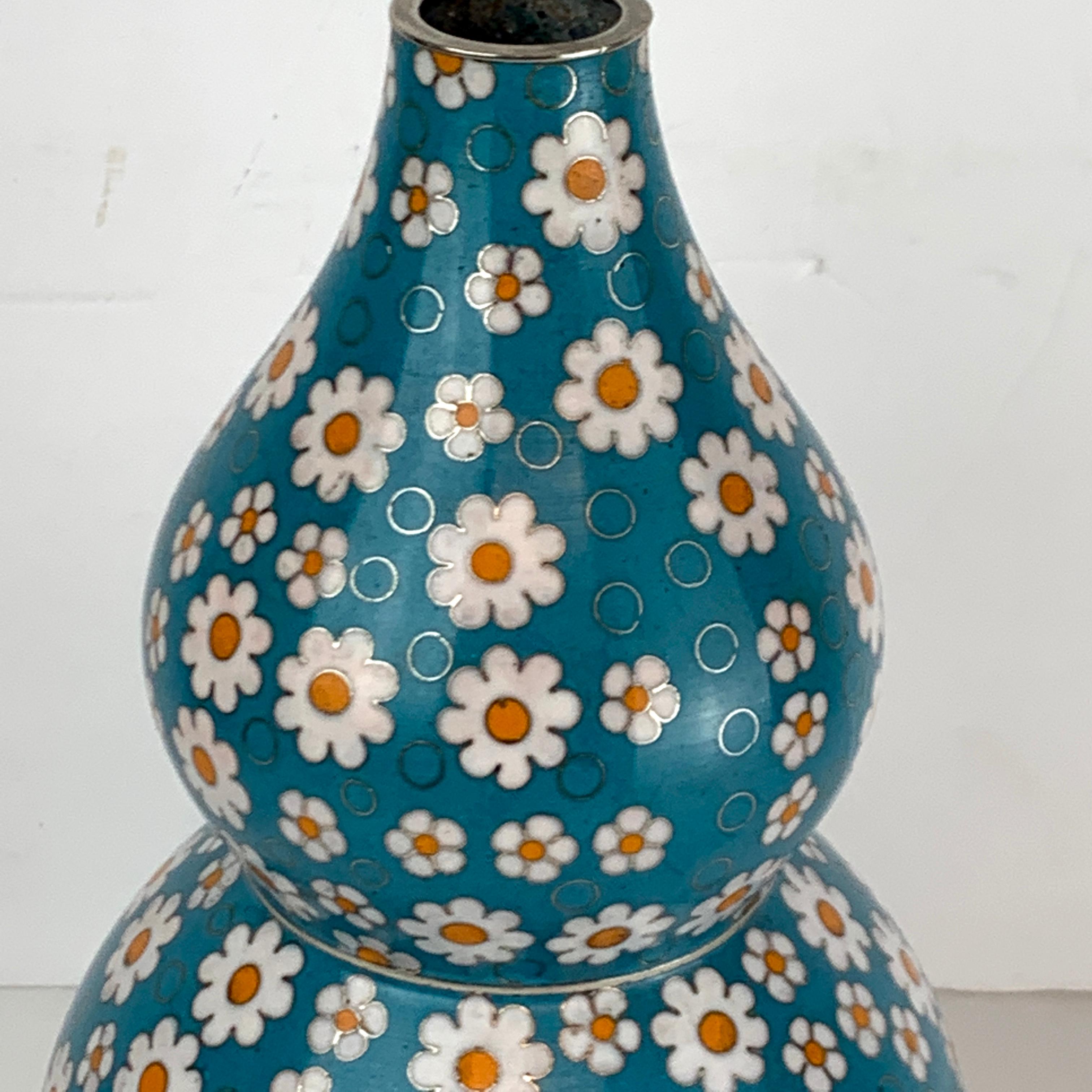 Metal Chinese Cloisonné Daisy Motif Double Gourd Vases Attributed, Fabienne Jouvine