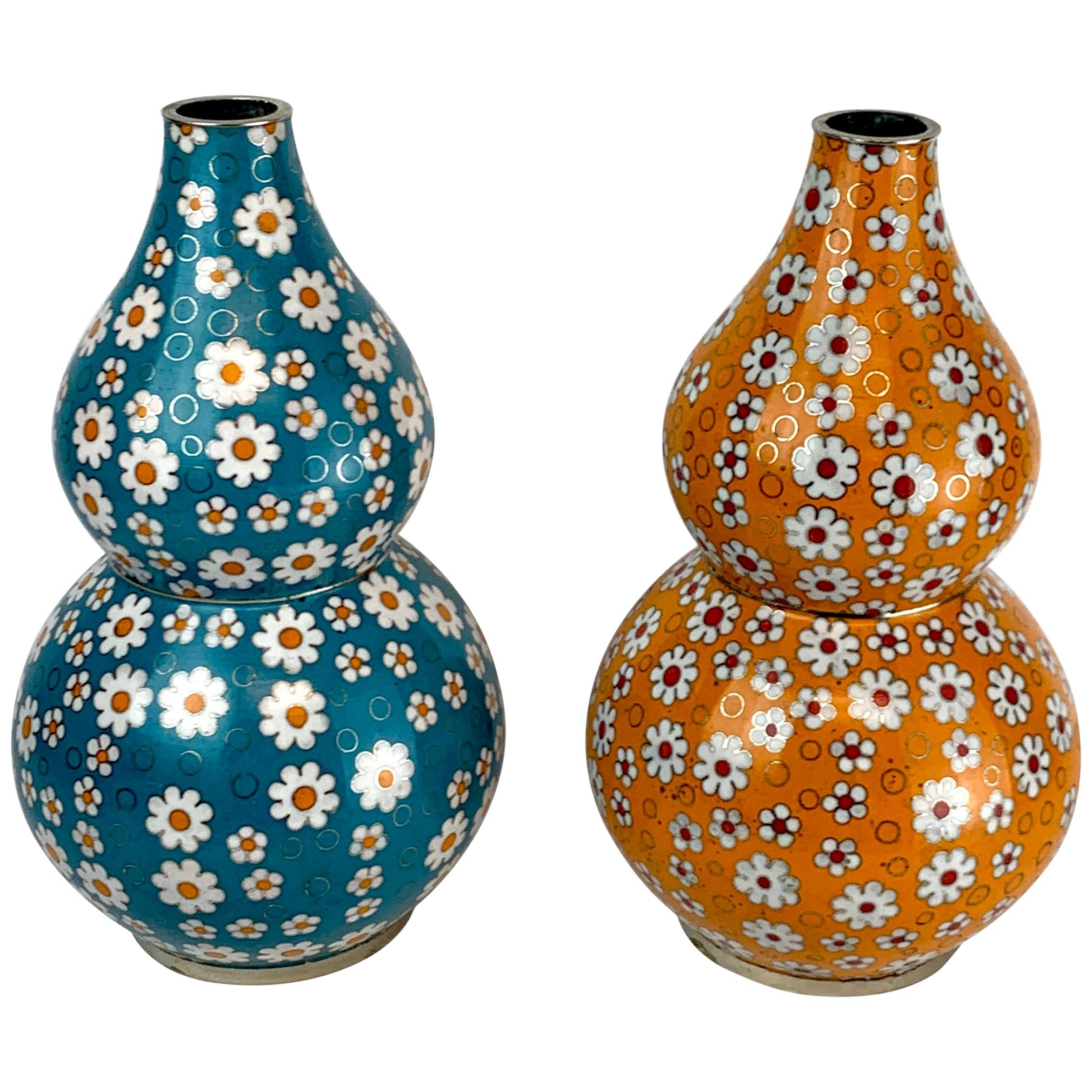 Chinese Cloisonné Daisy Motif Double Gourd Vases Attributed, Fabienne Jouvine
