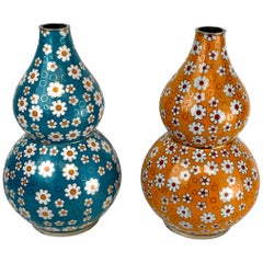 Vintage Chinese Cloisonné Daisy Motif Double Gourd Vases Attributed, Fabienne Jouvine