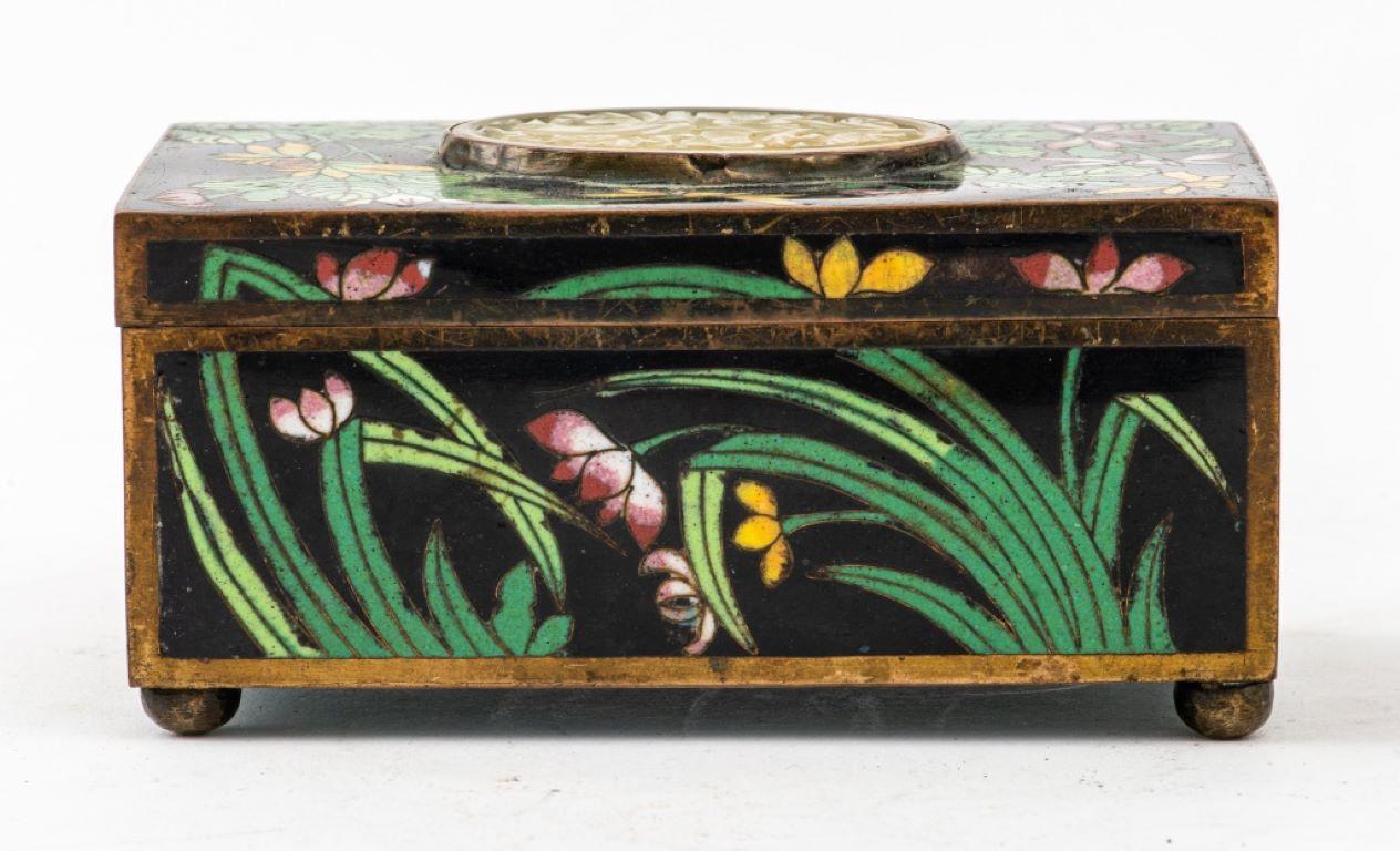 Chinese cloisonne decorative box with jade panel and floral motifs, unmarked.

Dealer: S138XX