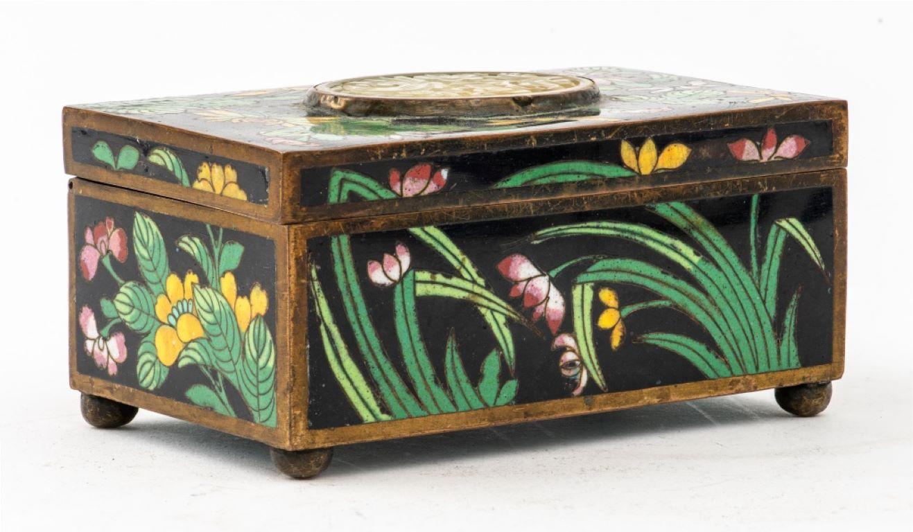 Chinese Cloisonne Decorative Box w/ Jade Panel For Sale 3