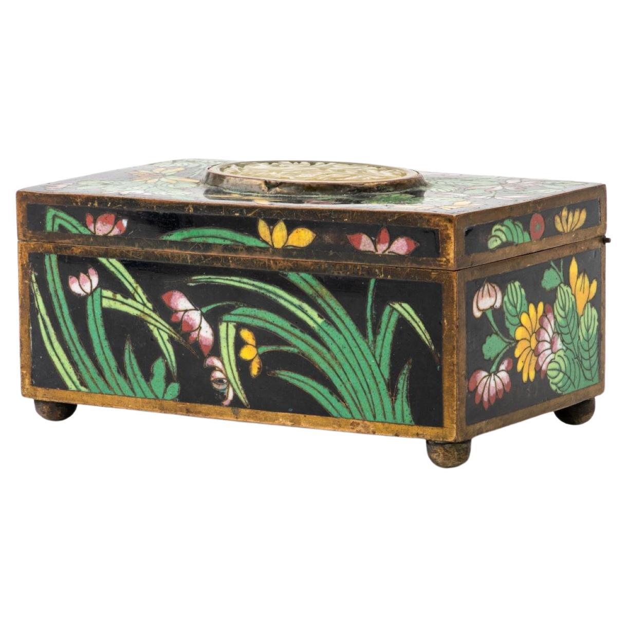 Chinese Cloisonne Decorative Box w/ Jade Panel For Sale