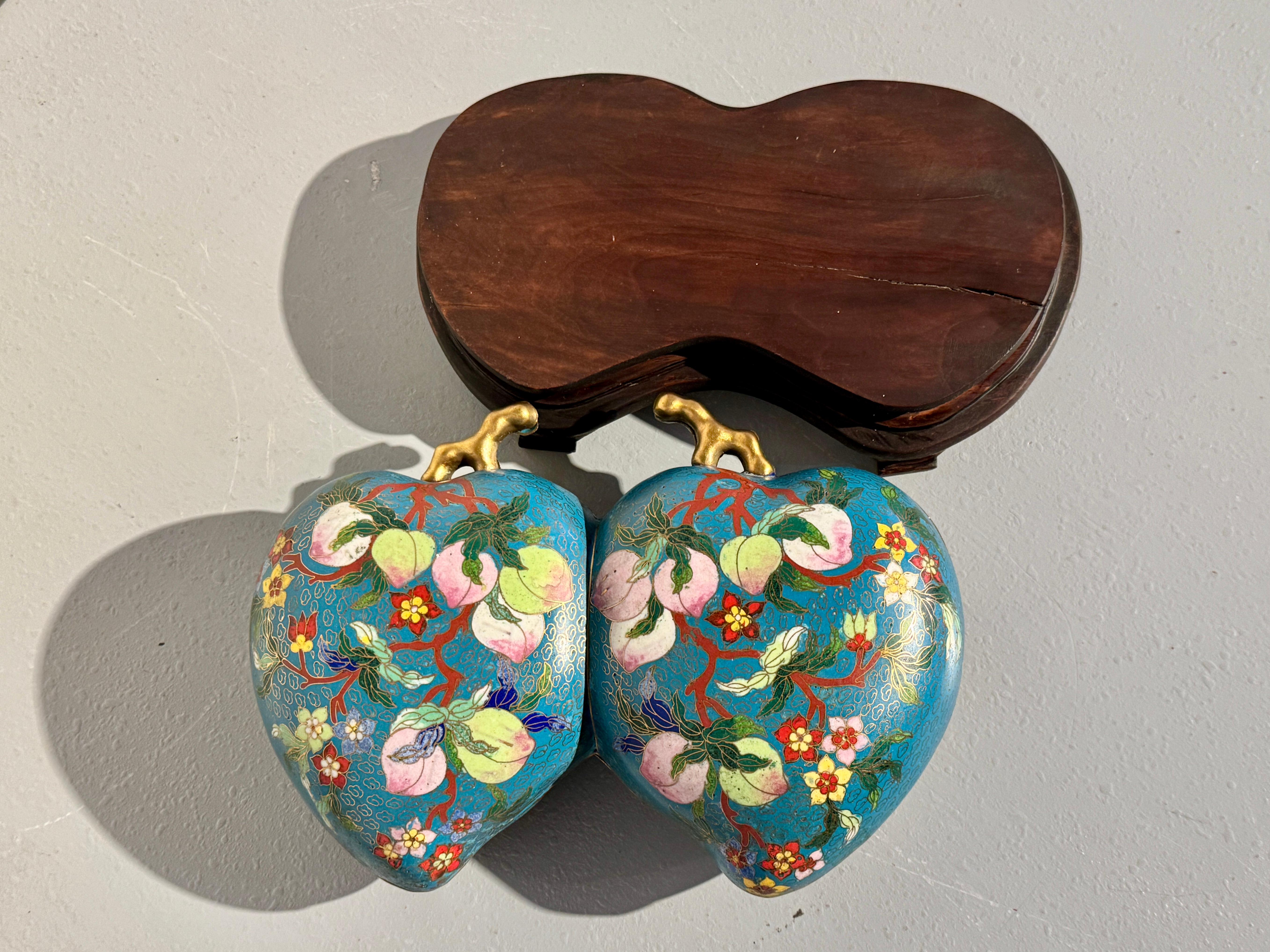 Copper Chinese Cloisonne Double Peach Box, Republic Period, early 20th century, China For Sale