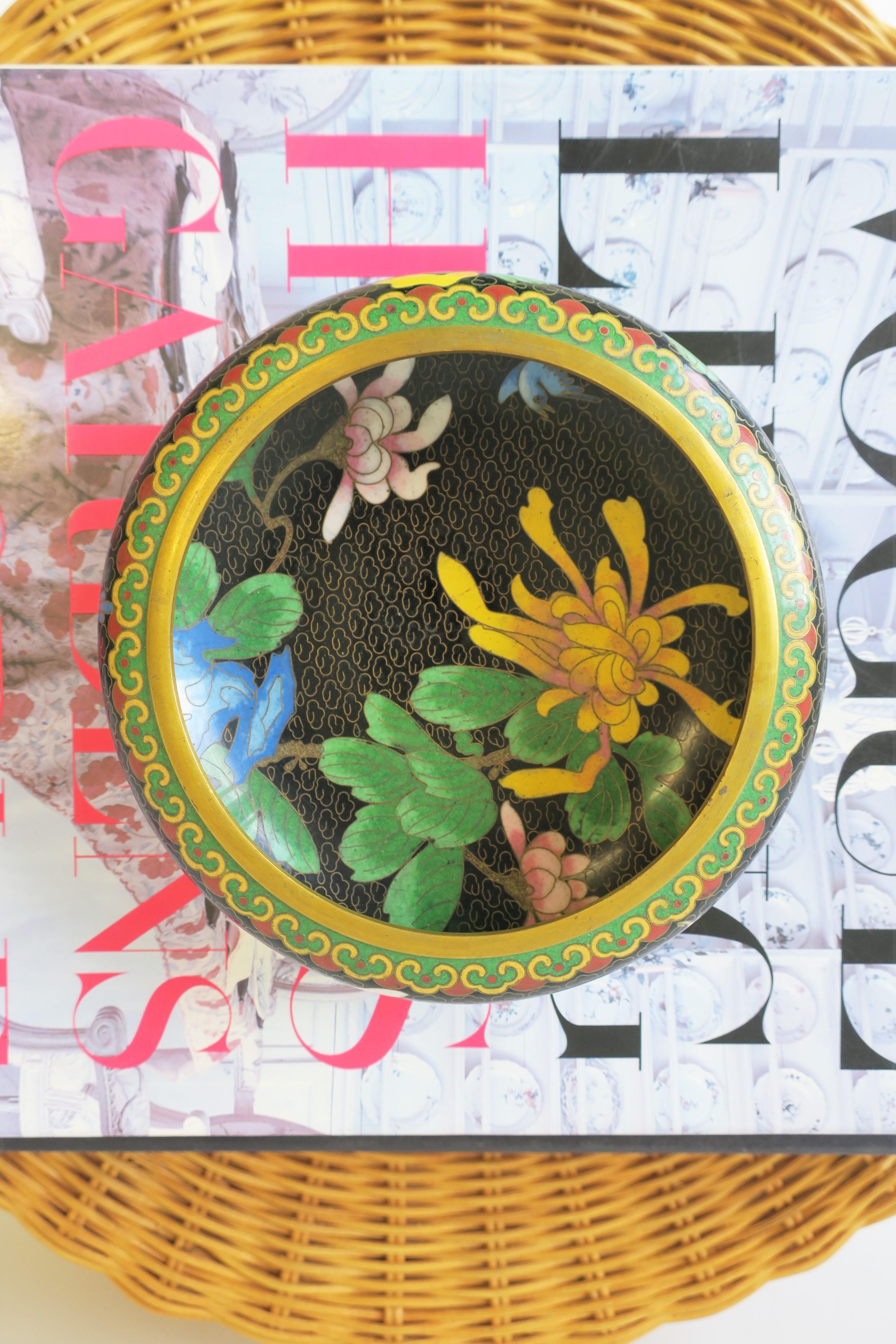 Cloisonné Enamel and Brass Bowl with Flowers and Birds For Sale 5