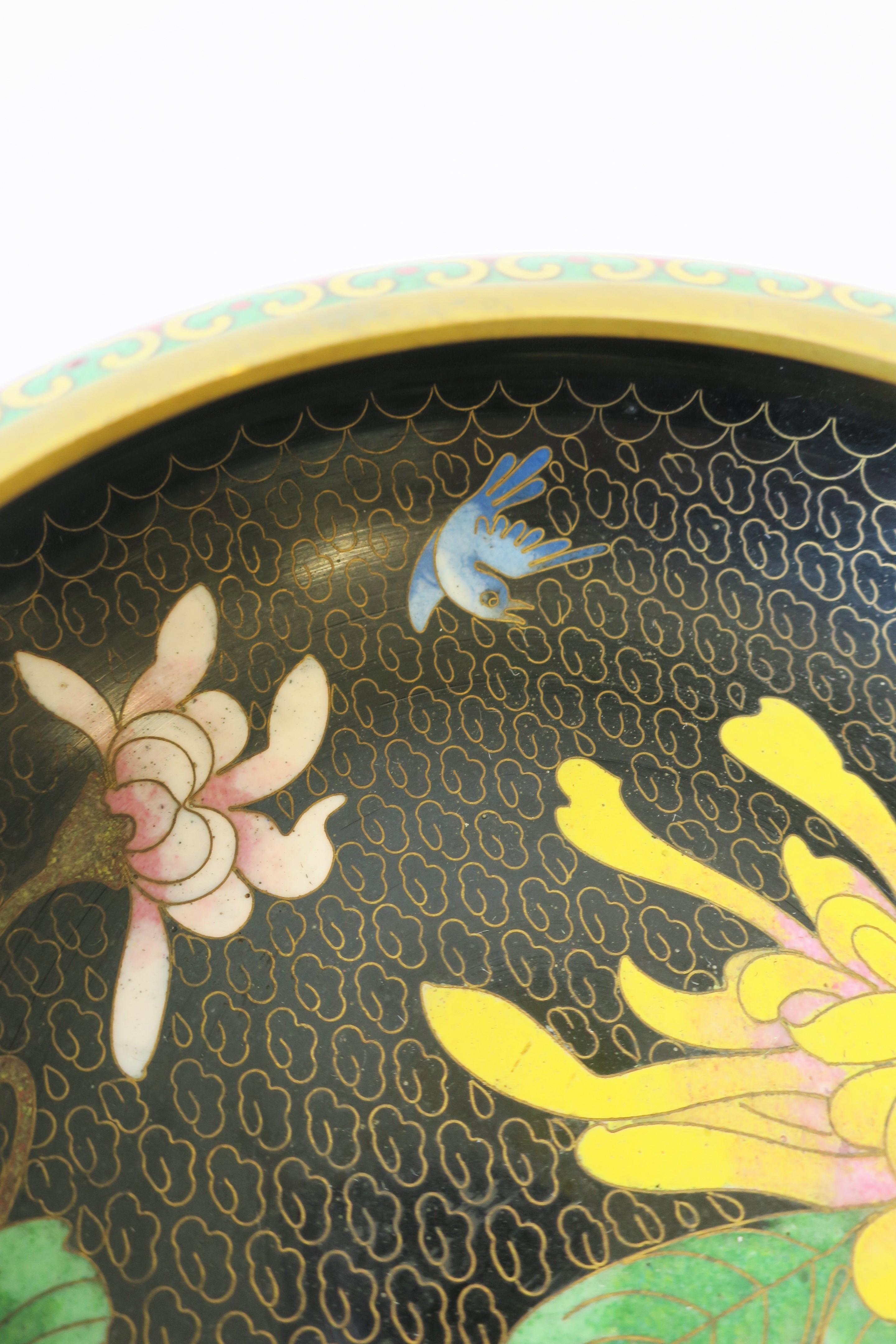 Chinese Cloisonné Enamel and Brass Bowl with Flowers and Birds For Sale