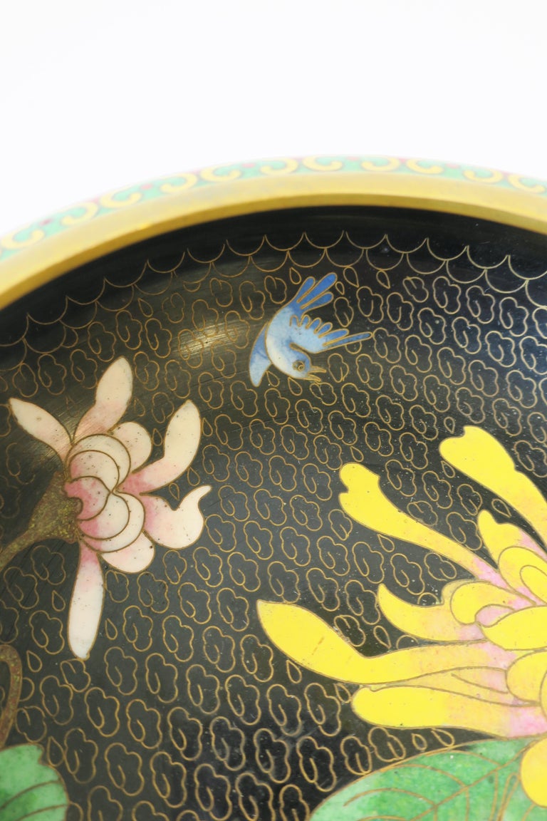 Chinese Cloisonné Enamel and Brass Bowl with Flowers and Birds For Sale 1