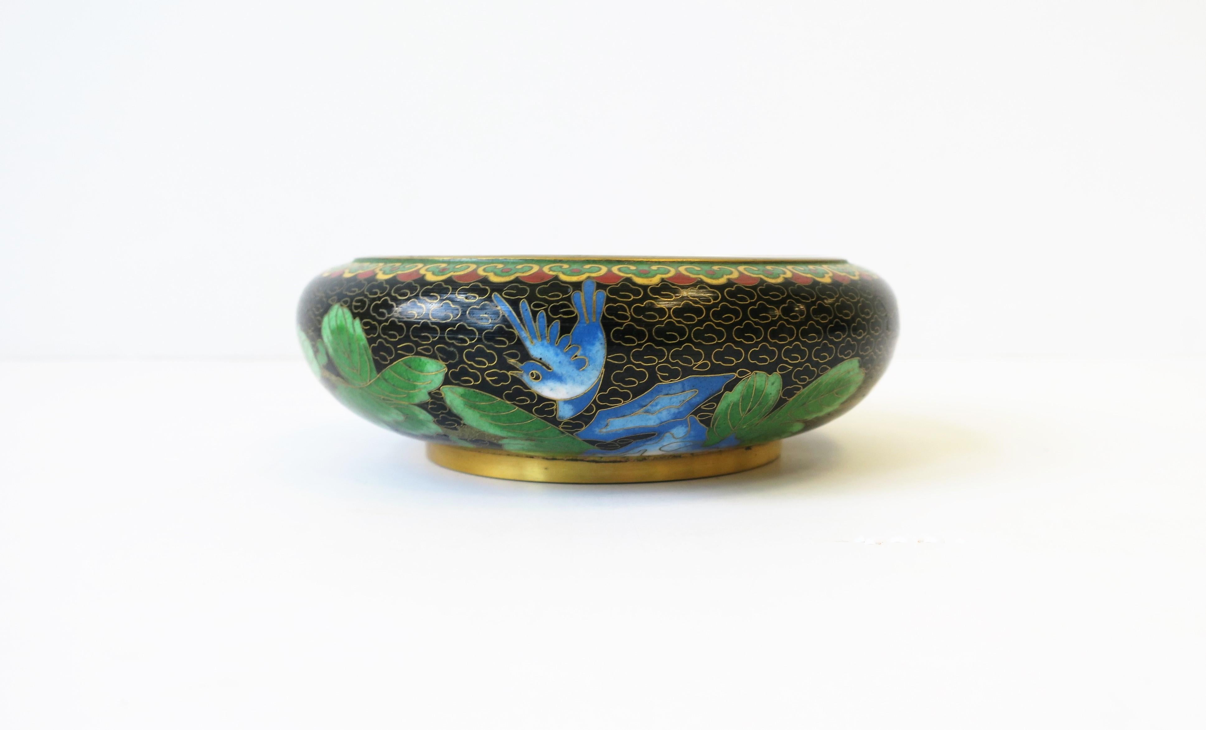 Cloissoné Cloisonné Enamel and Brass Bowl with Flowers and Birds For Sale