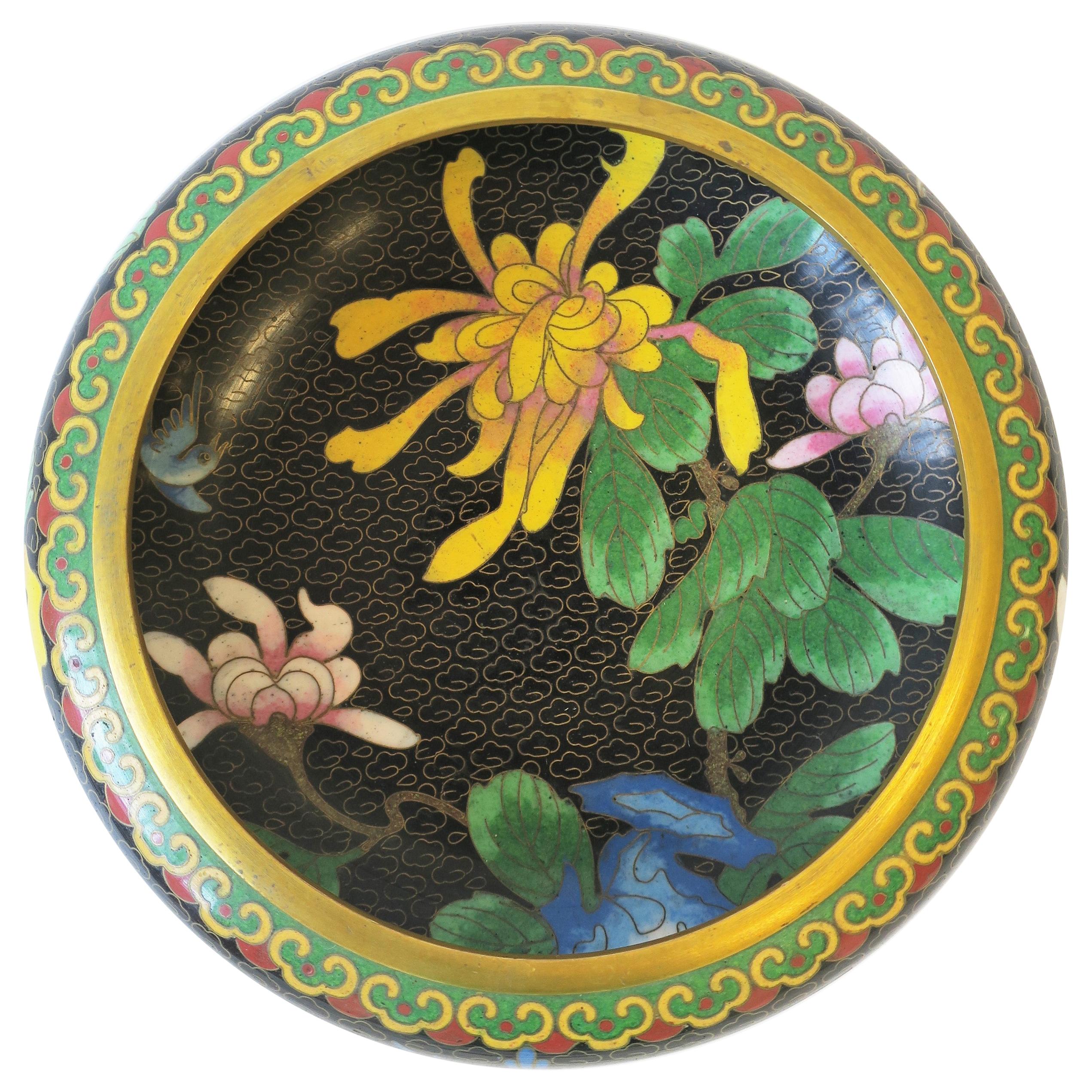 Cloisonné Enamel and Brass Bowl with Flowers and Birds For Sale