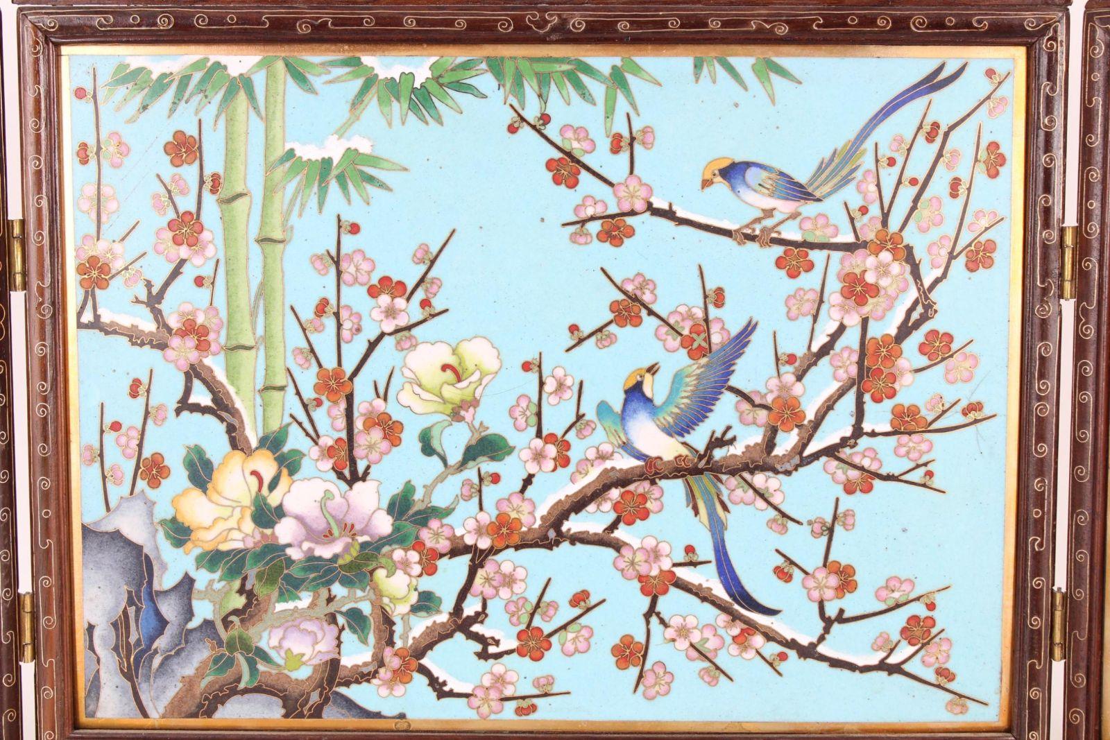 Very fine quality Chinese Cloisonne Enamel and hardwood table screen with birds and flowers motif.