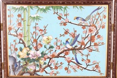 Chinese Cloisonne Enamel and Hardwood Table Screen with Birds Motif