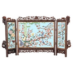 Chinese Cloisonne Enamel and Hardwood Table Screen with Birds Motif