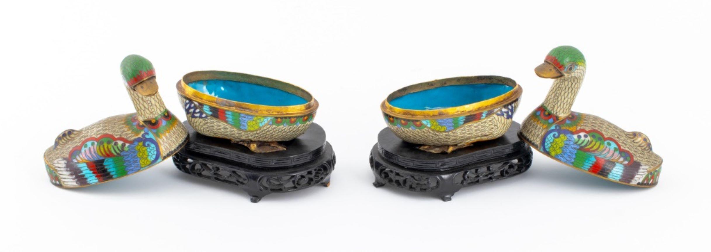 Metal Chinese Cloisonne Enamel Bird Boxes, Pair For Sale