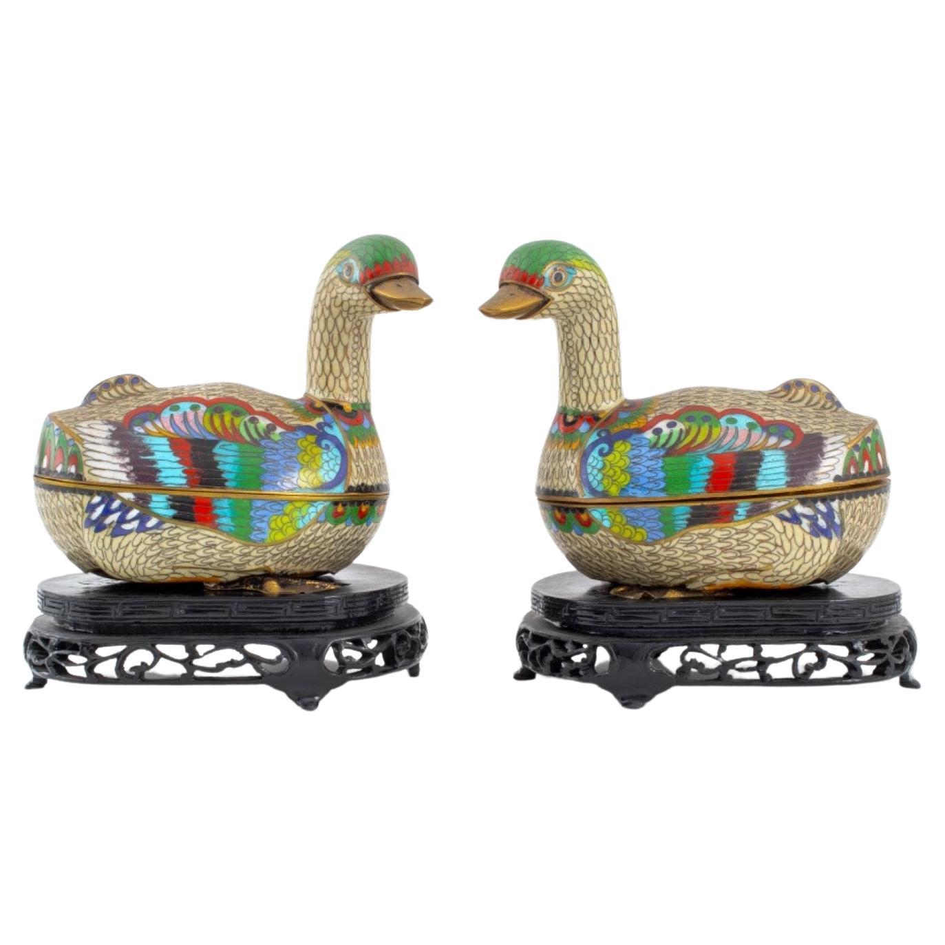 Chinese Cloisonne Enamel Bird Boxes, Pair For Sale