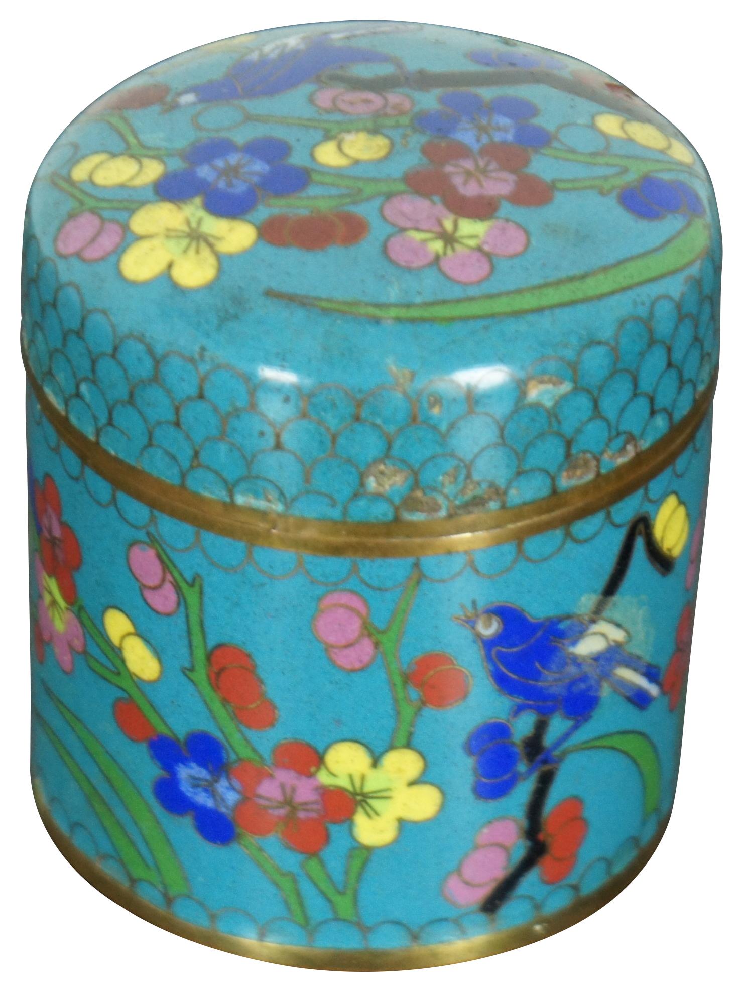 Vintage Chinese cloisonne enamel small tea caddy or canister featuring red and yellow flowers with blue birds on a turquoise ground.
