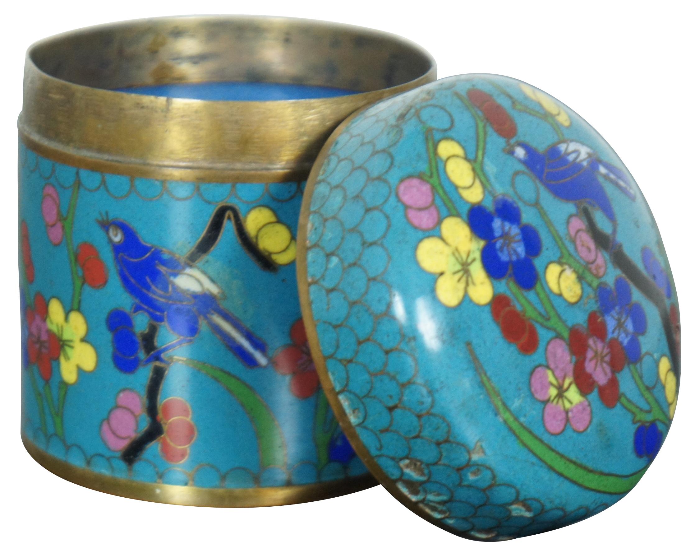 Chinoiserie Chinese Cloisonne Enamel Blue Floral Tea Caddy Canister Trinket Jar Stamp Box