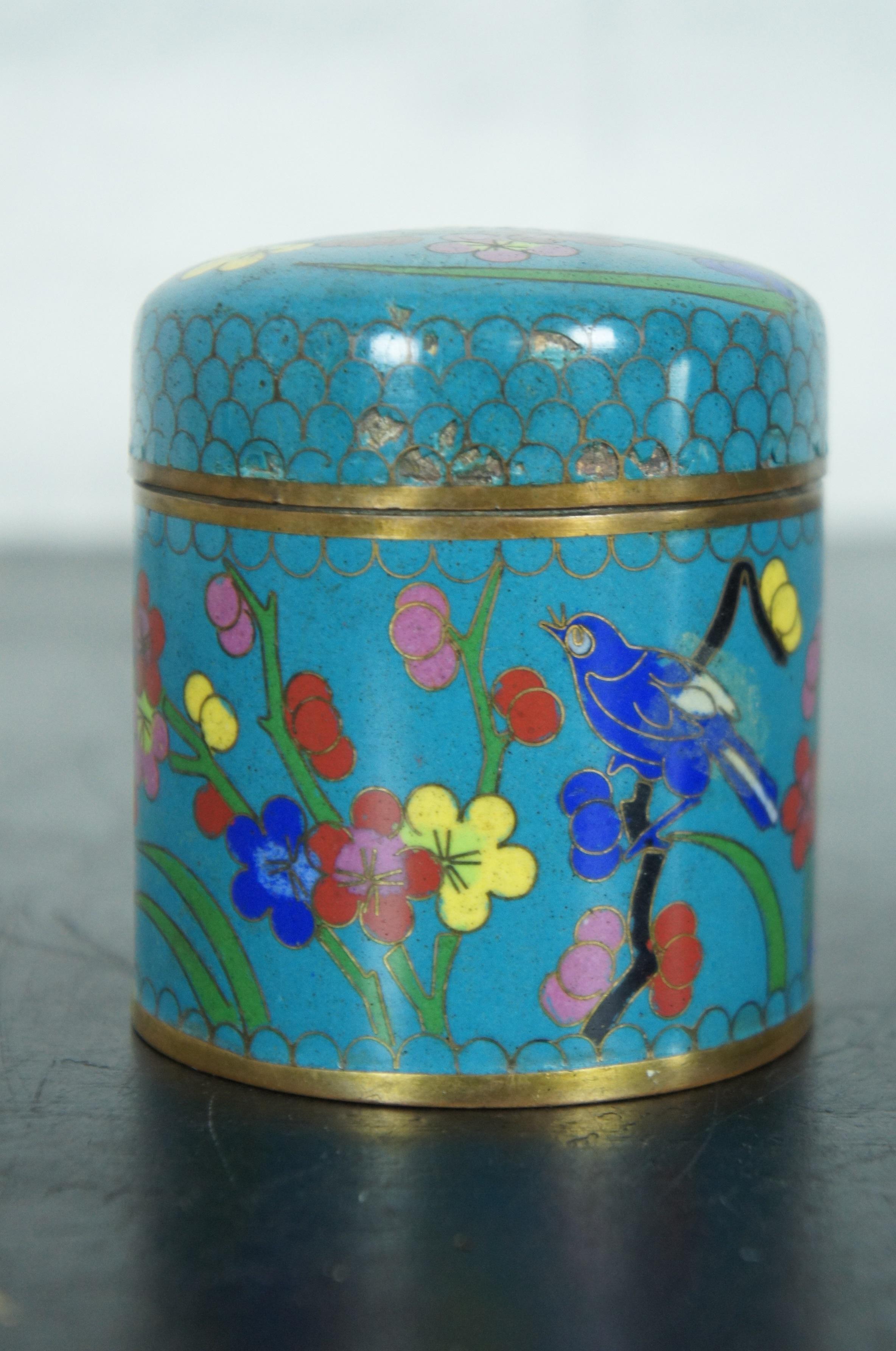 20th Century Chinese Cloisonne Enamel Blue Floral Tea Caddy Canister Trinket Jar Stamp Box