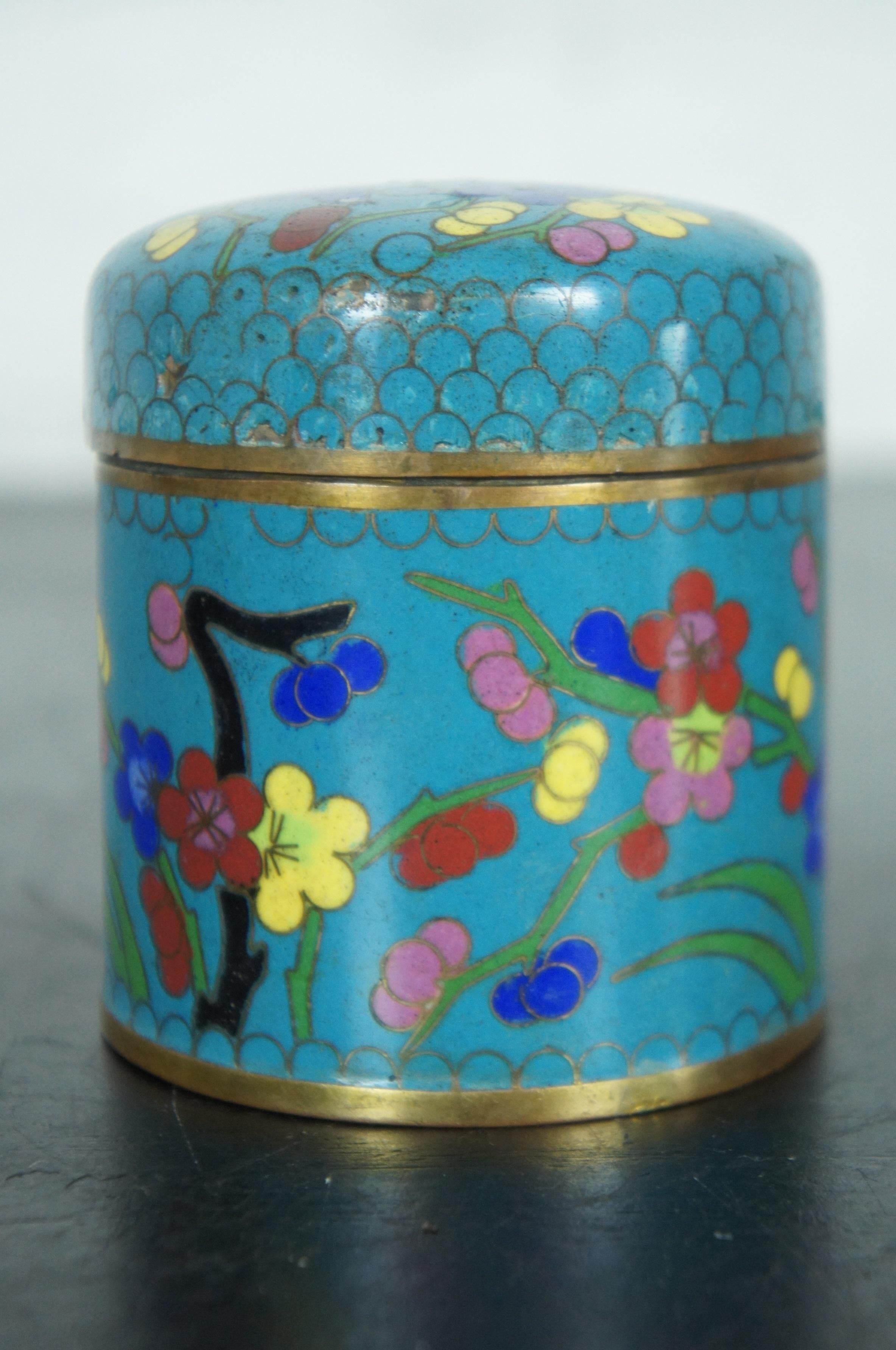 Brass Chinese Cloisonne Enamel Blue Floral Tea Caddy Canister Trinket Jar Stamp Box