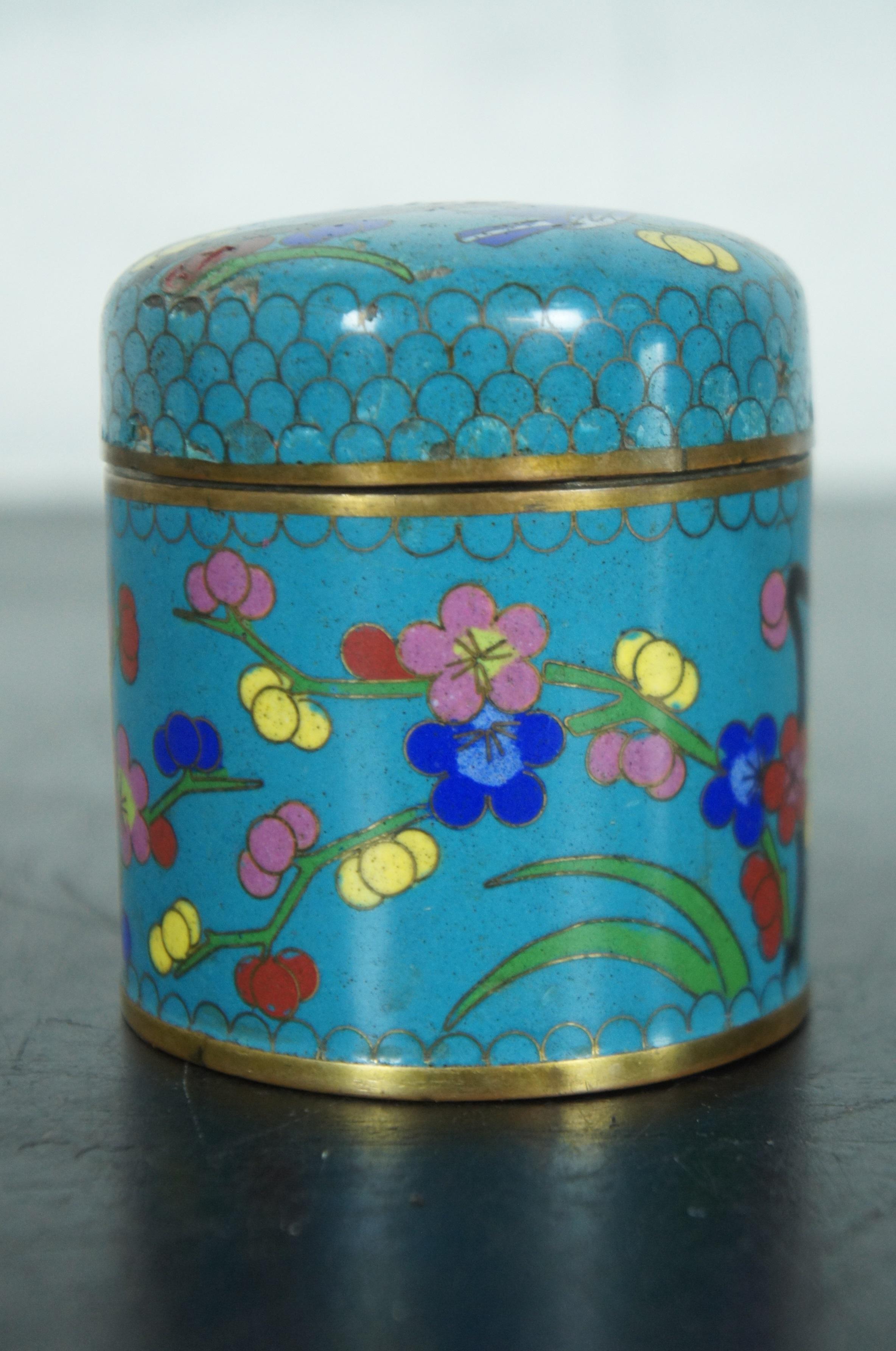Chinese Cloisonne Enamel Blue Floral Tea Caddy Canister Trinket Jar Stamp Box 1