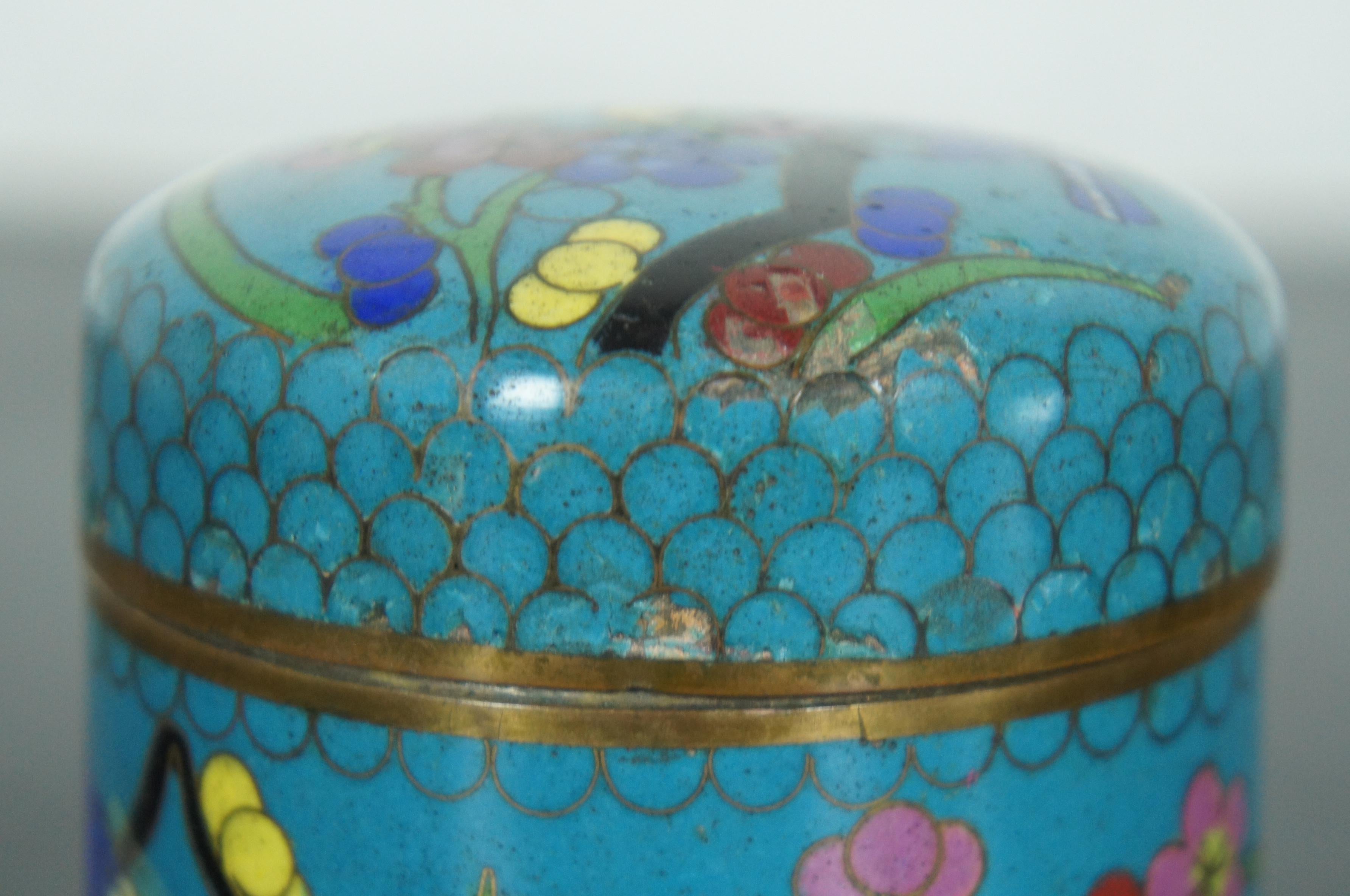 Chinese Cloisonne Enamel Blue Floral Tea Caddy Canister Trinket Jar Stamp Box 2