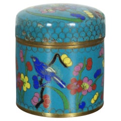 Retro Chinese Cloisonne Enamel Blue Floral Tea Caddy Canister Trinket Jar Stamp Box