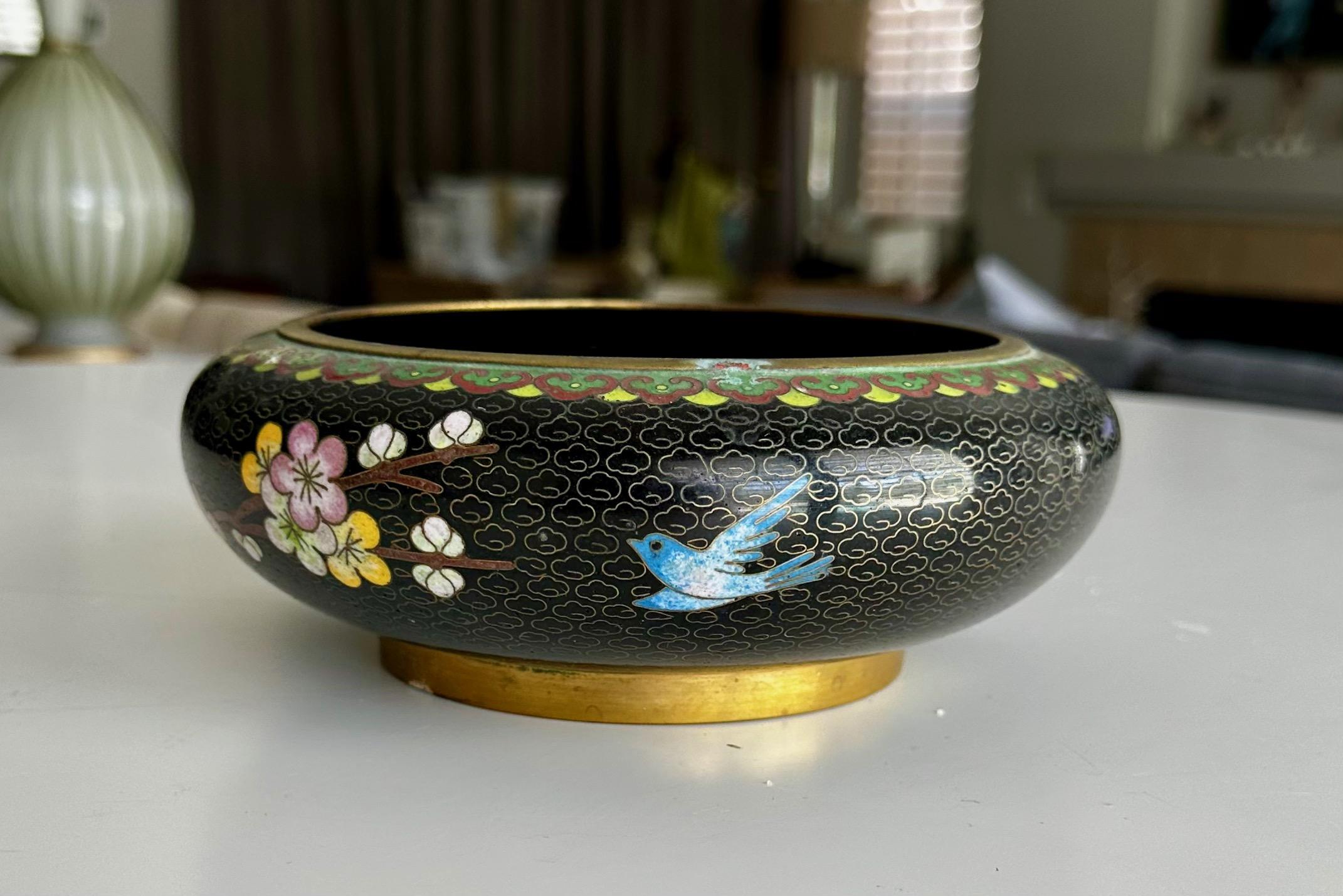 Chinese Cloisonne Enamel Bowl Flowers & Birds For Sale 5