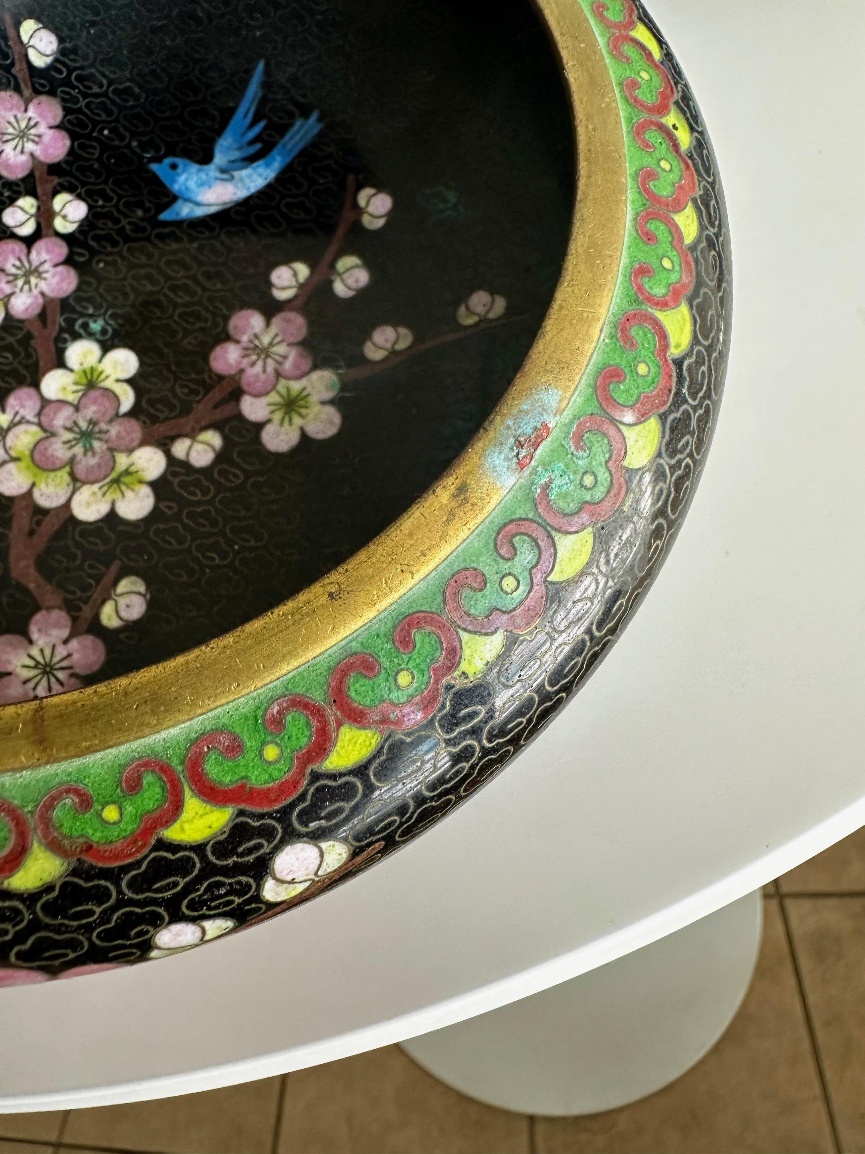 Chinese Cloisonne Enamel Bowl Flowers & Birds For Sale 2