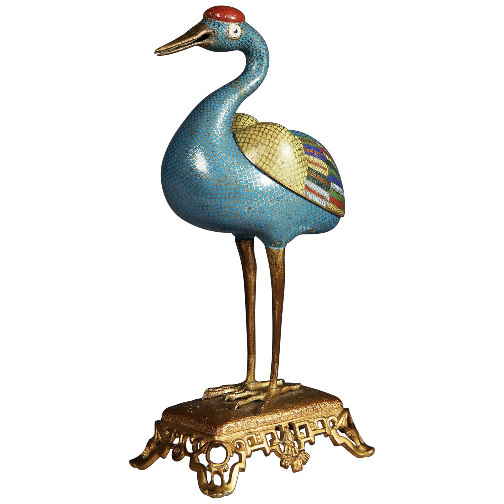 Chinese Cloisonné Enamel Censer Modelled as a Crane Qing Dynasty